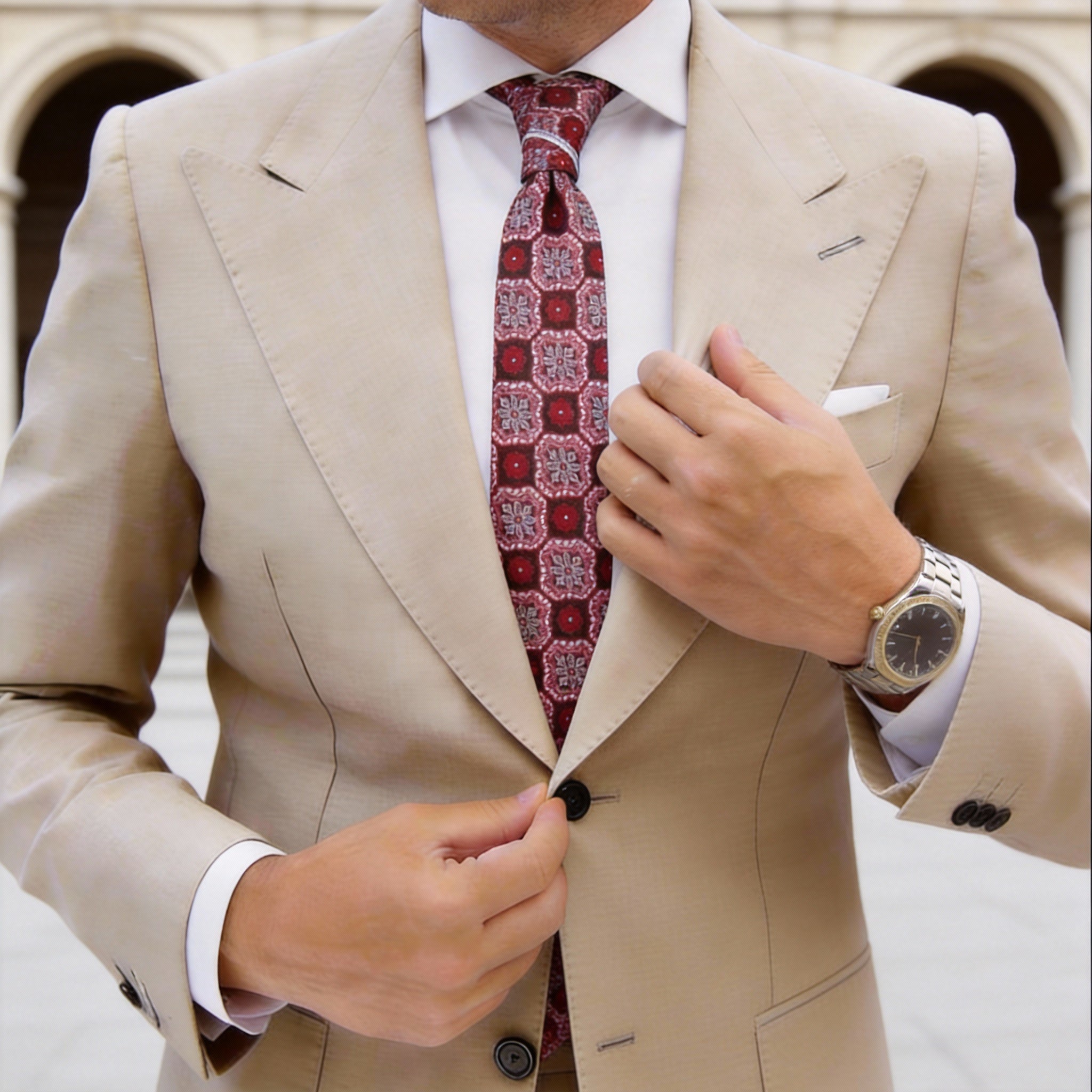 Dark Brown With Red Pink Gray Medallion Necktie