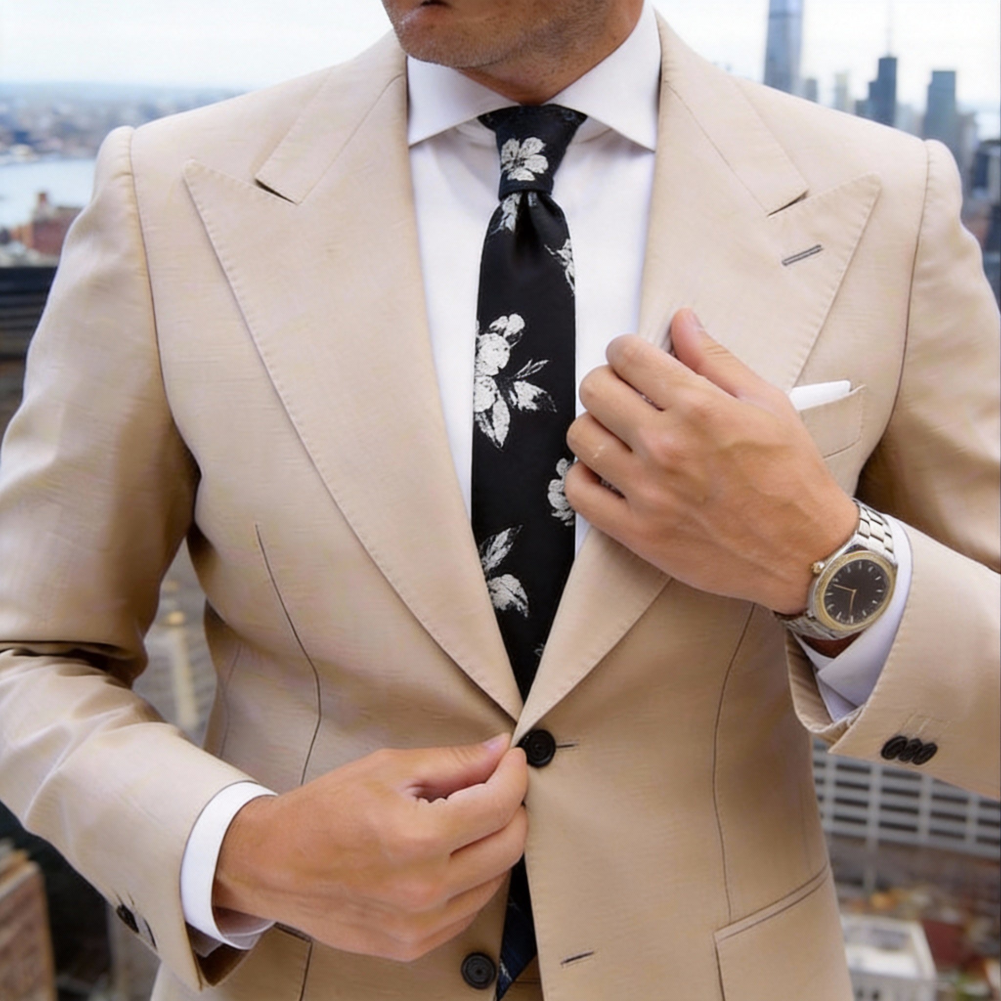 Black With White Floral Necktie