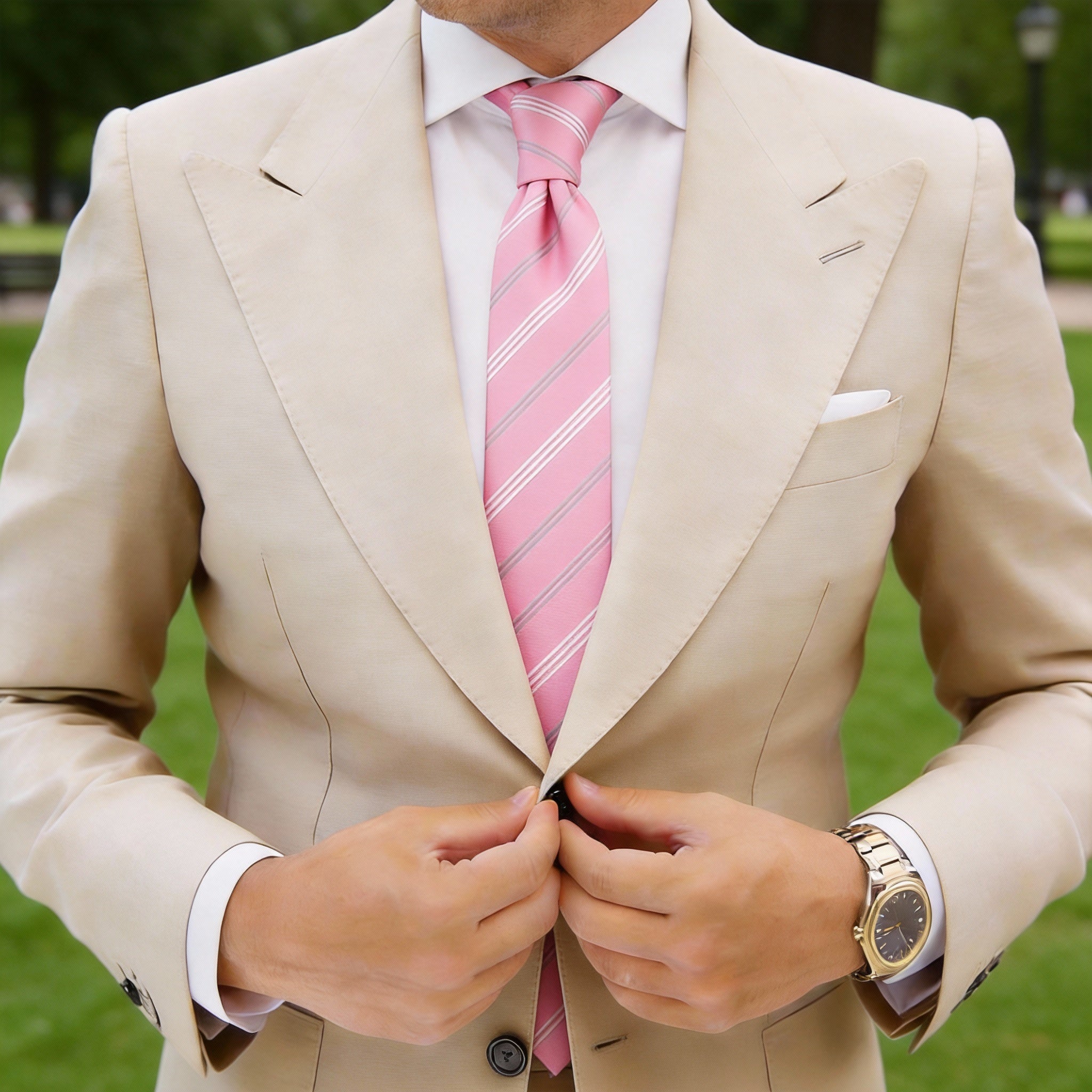 Pink Necktie With White Gray Stripes