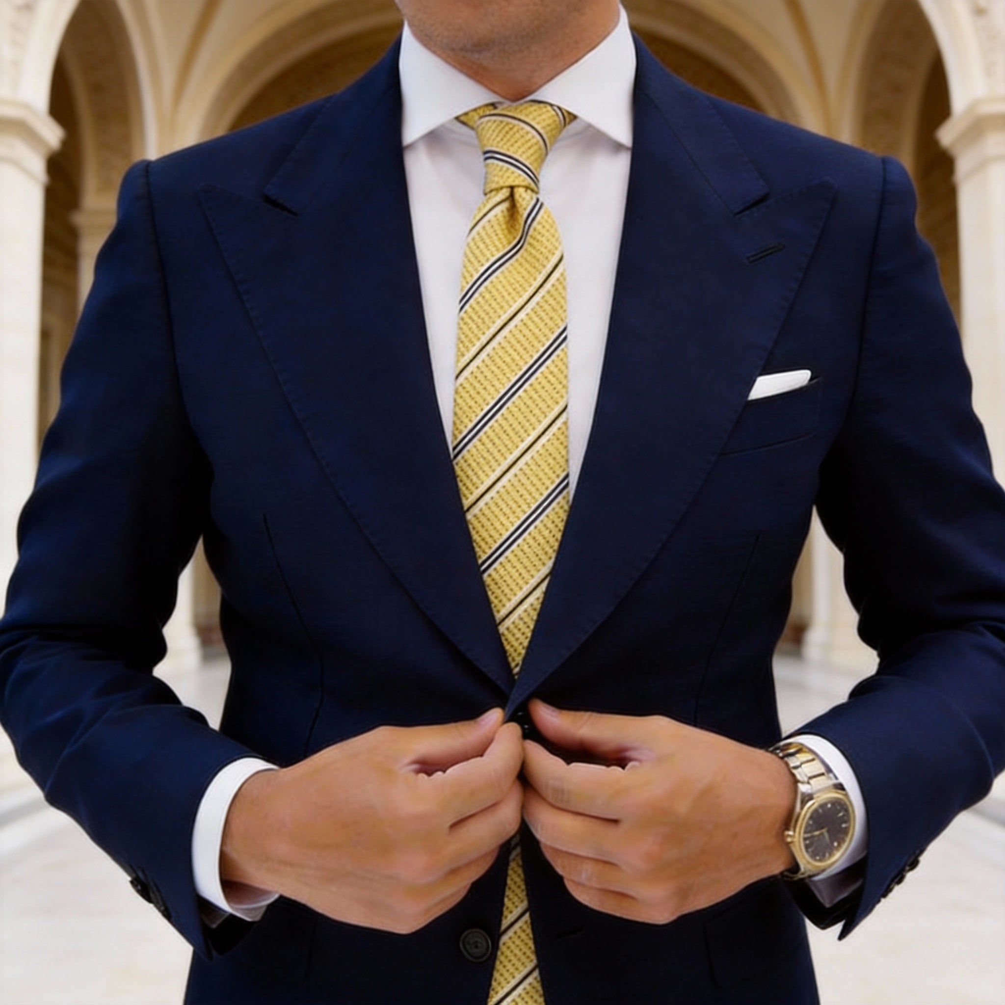 Yellow Necktie With Black White Stripes