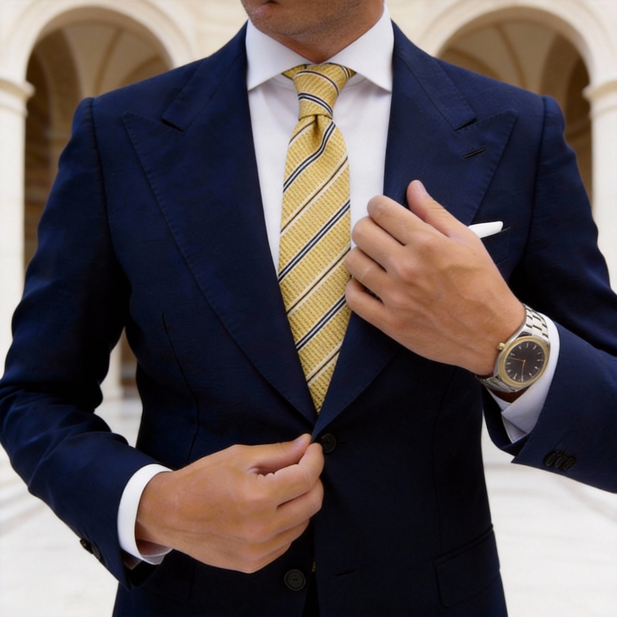 Yellow Necktie With Black White Stripes