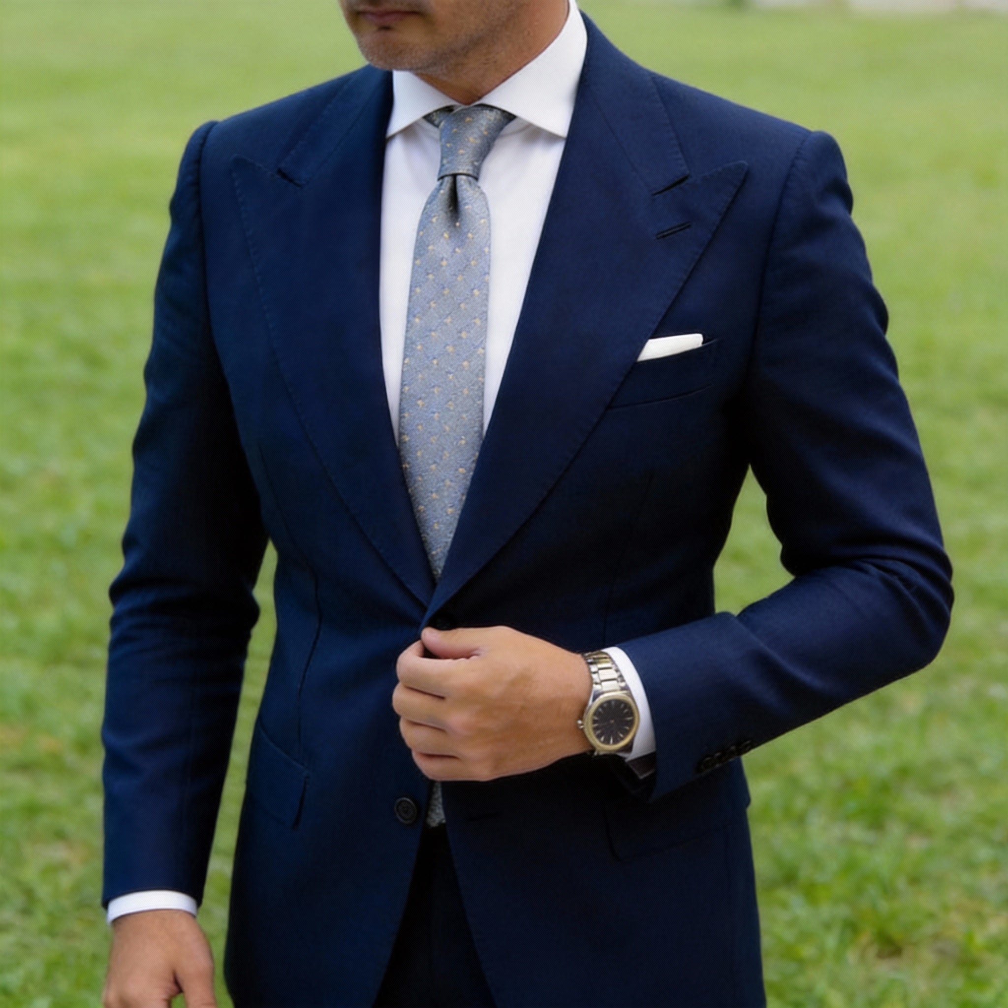 Gray Necktie With Blue & Yellow Geometric Pattern