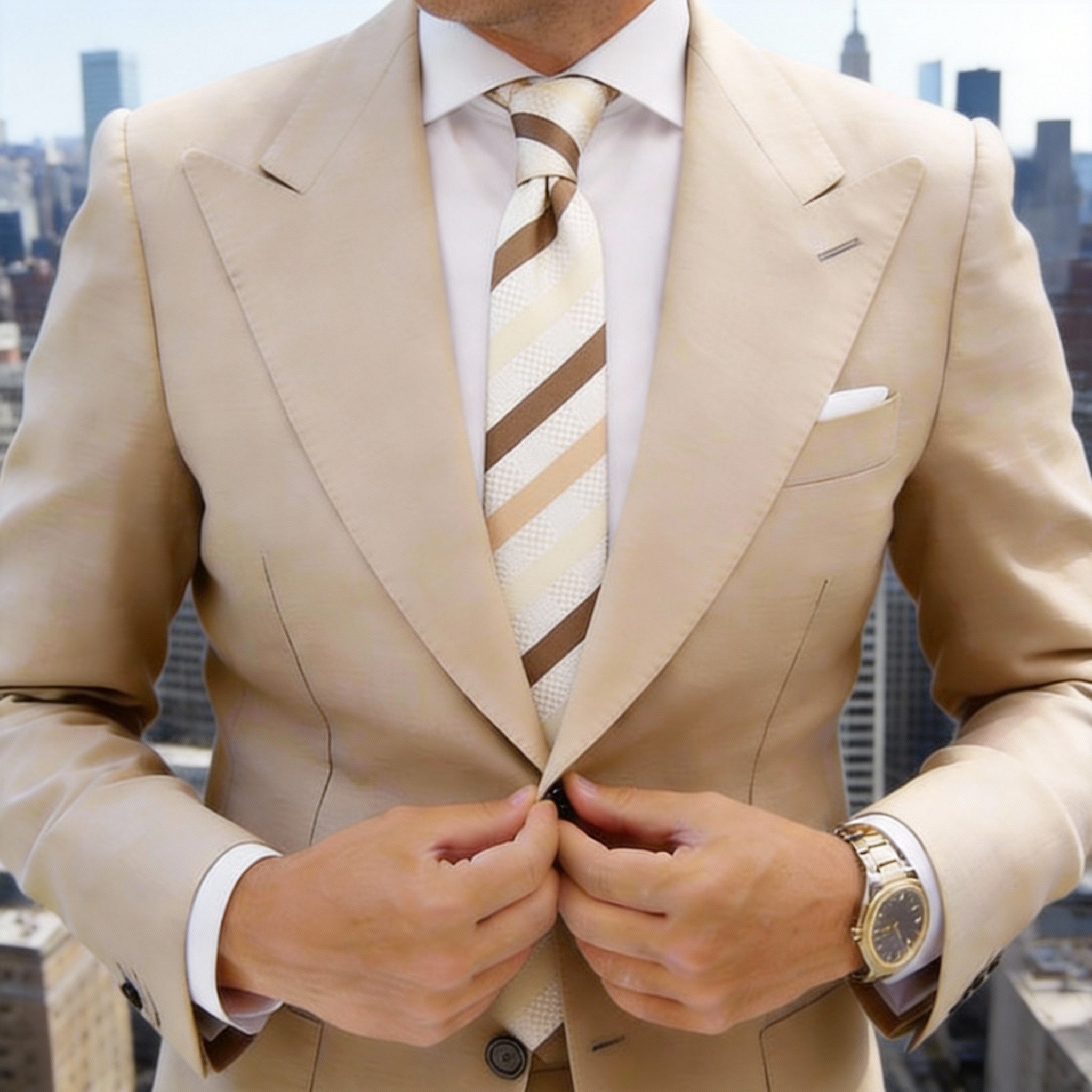White With Brown Tan Beige Stripes Necktie