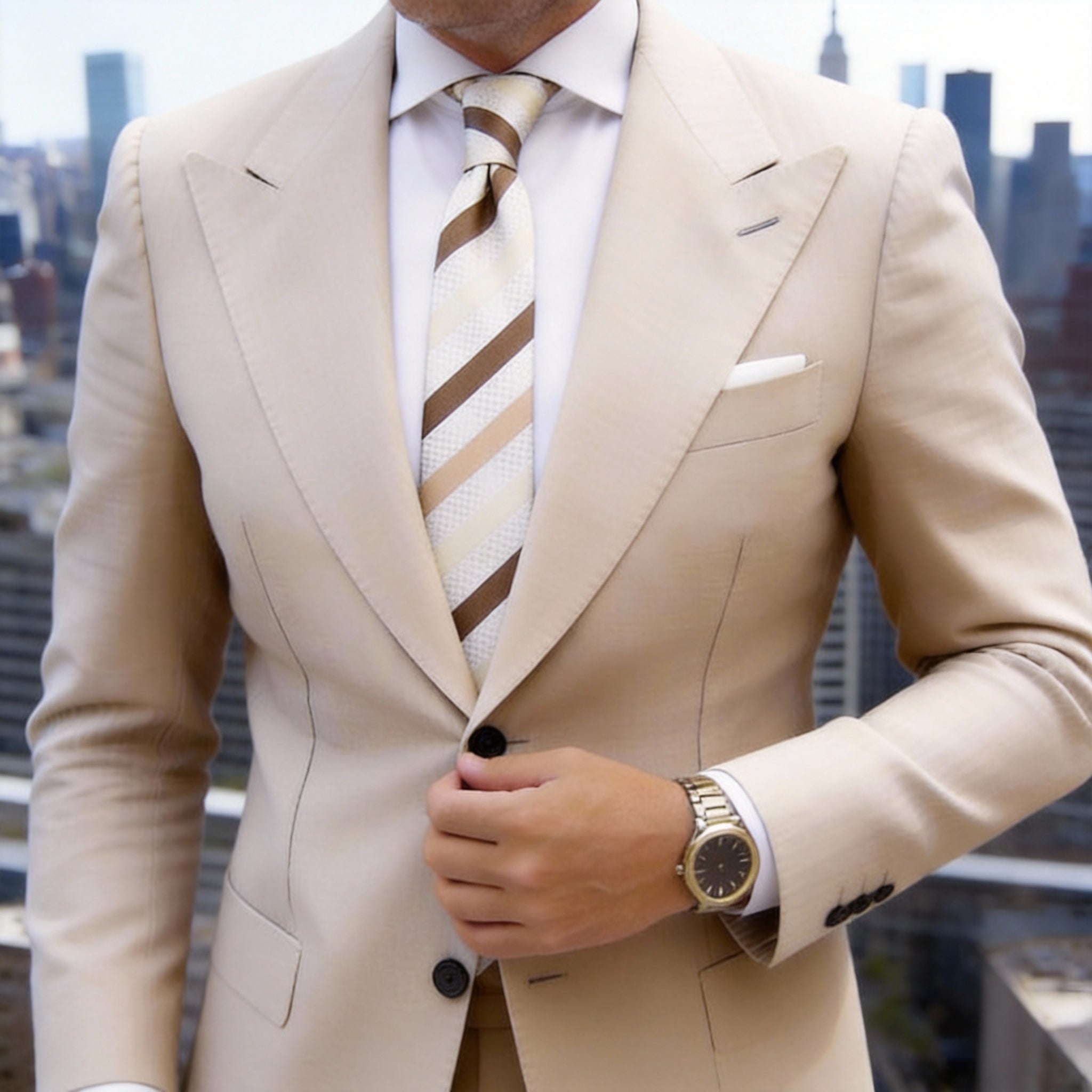 White With Brown Tan Beige Stripes Necktie
