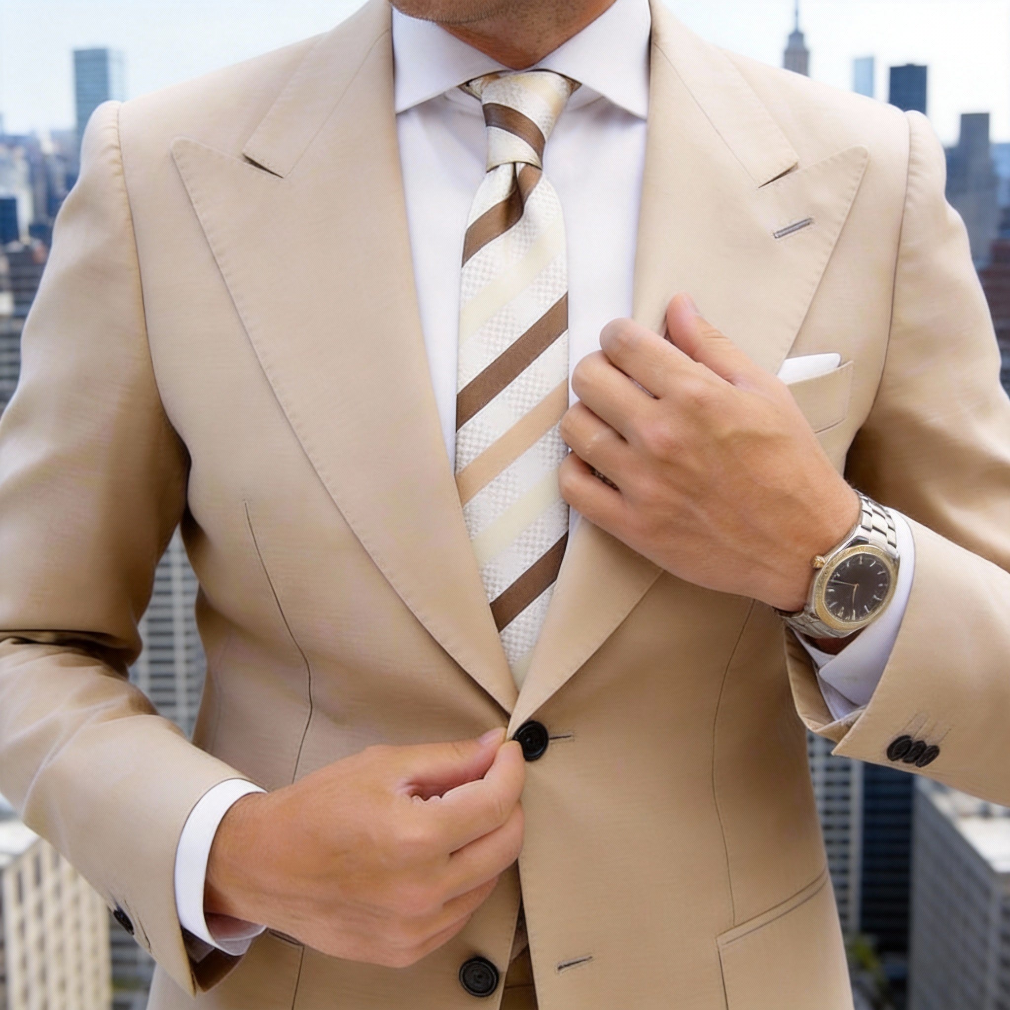 White With Brown Tan Beige Stripes Necktie