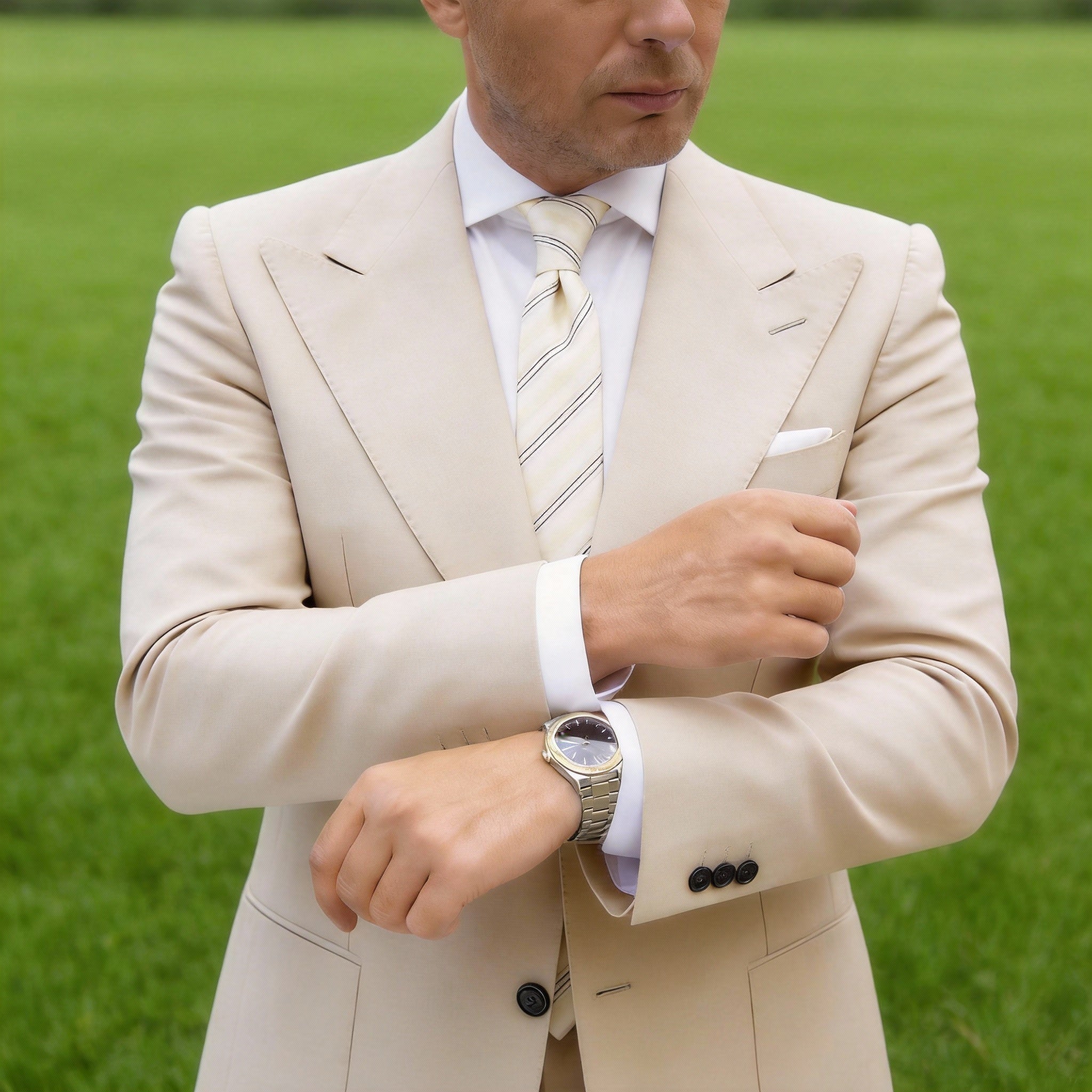 Cream Necktie With Black Stripes