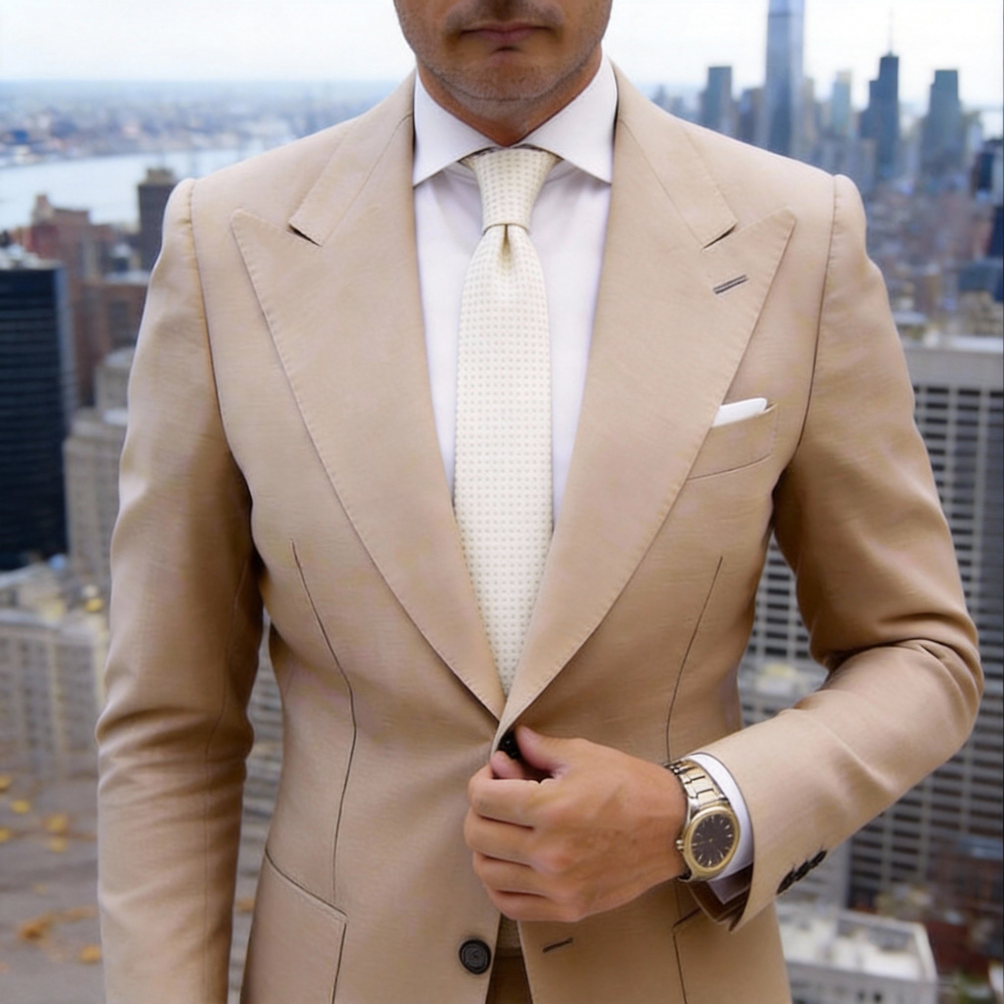 Light Cream Necktie with Small Geometric Pattern