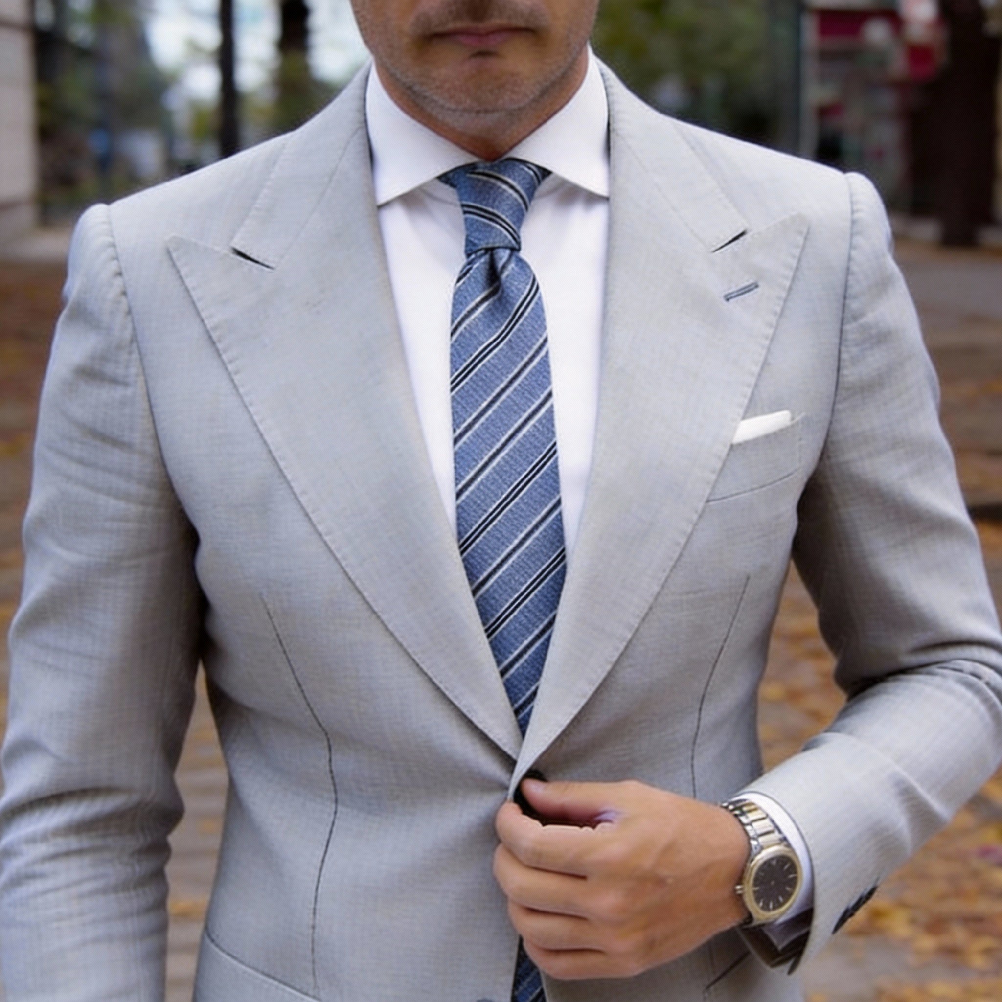 Light Blue With Black And White Striped Necktie