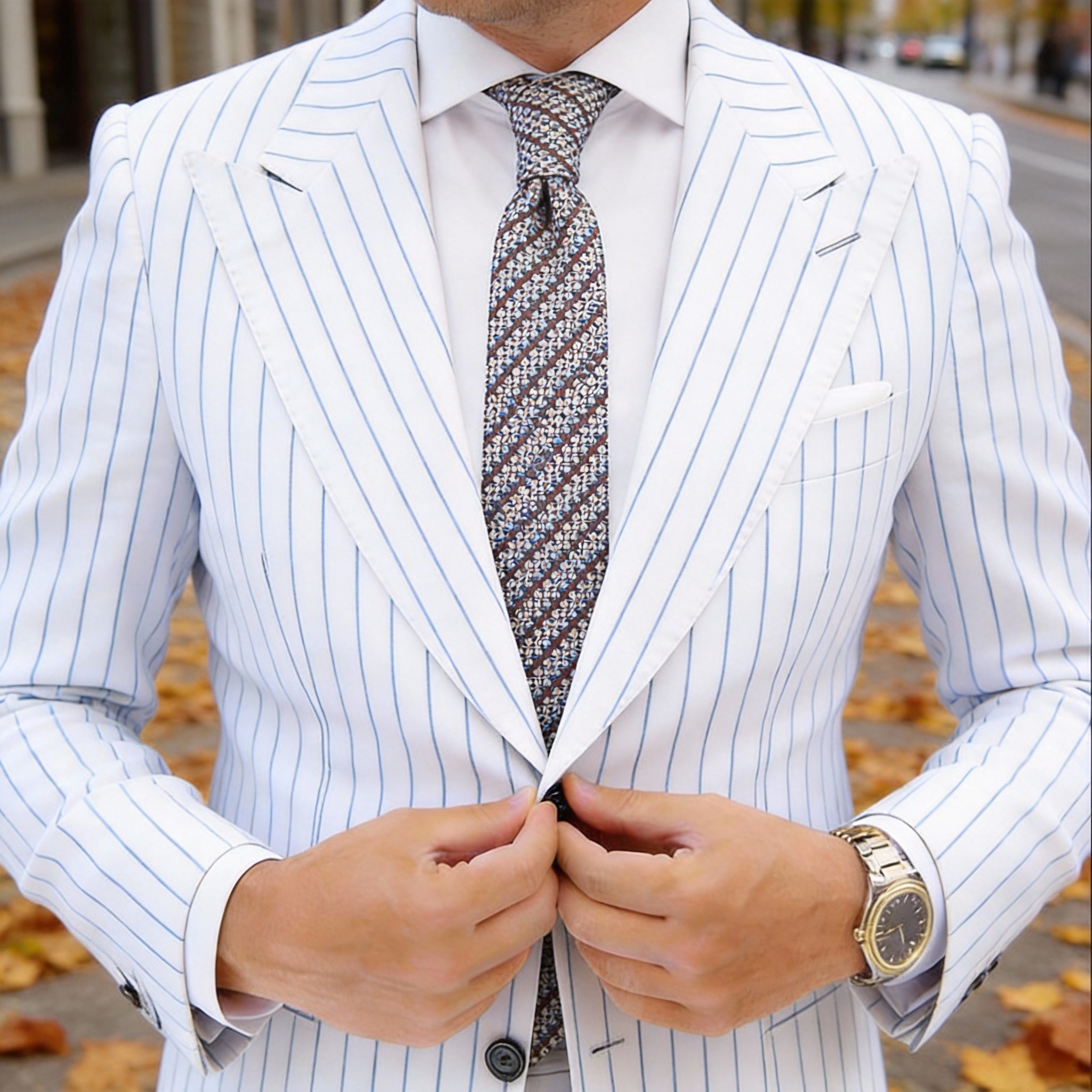 Brown With Blue White Geometric Necktie