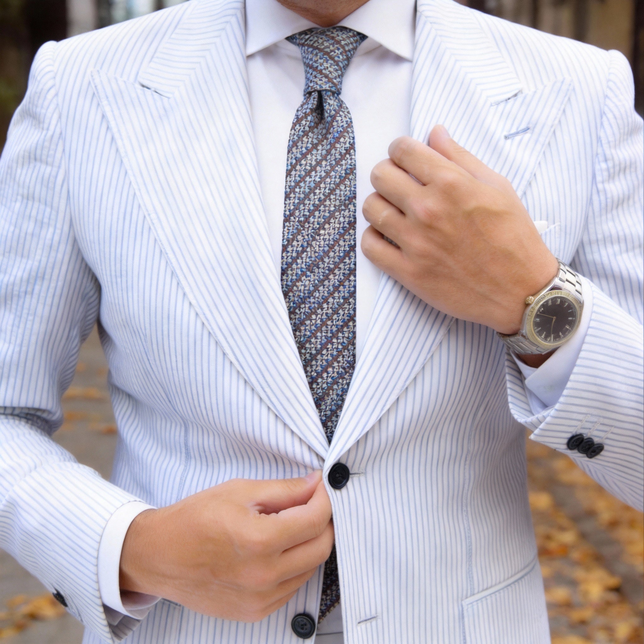 Brown With Blue White Geometric Necktie