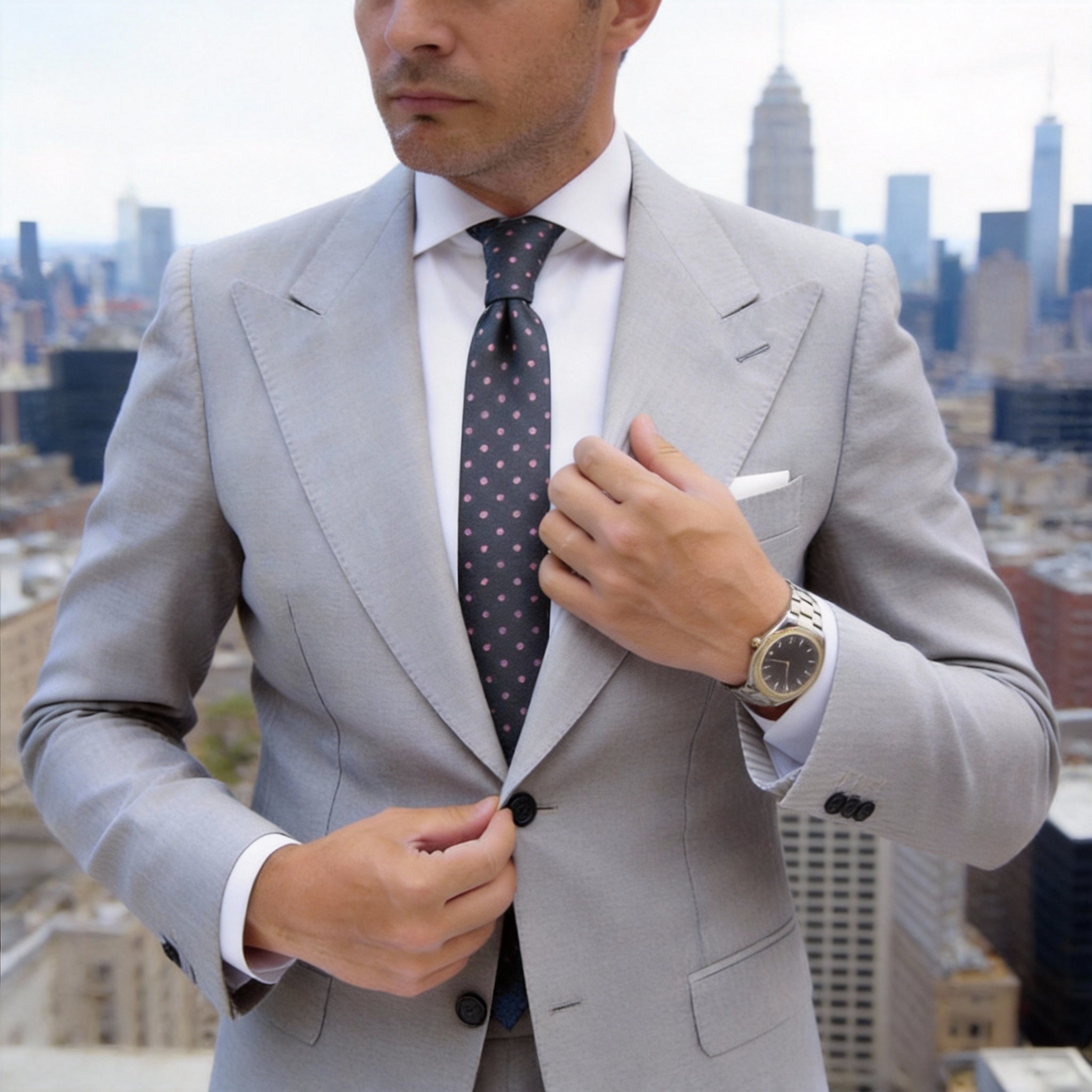 Gray Necktie With Pink Polka Dots