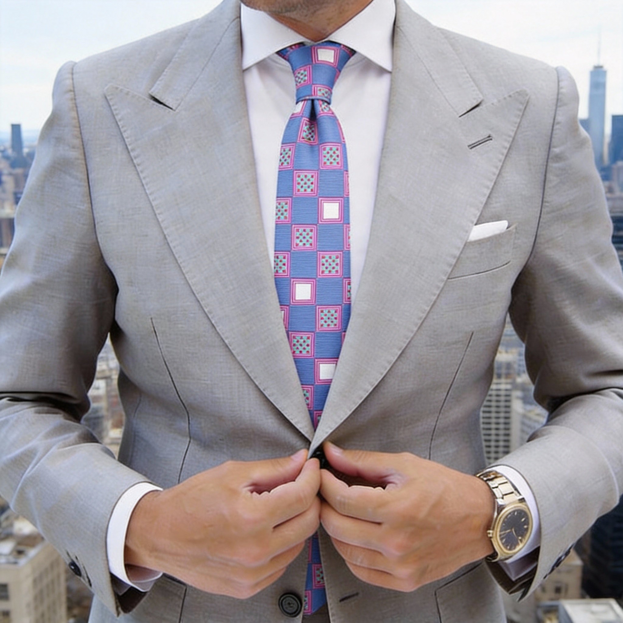 Blue With Pink-White Geometric Square Necktie
