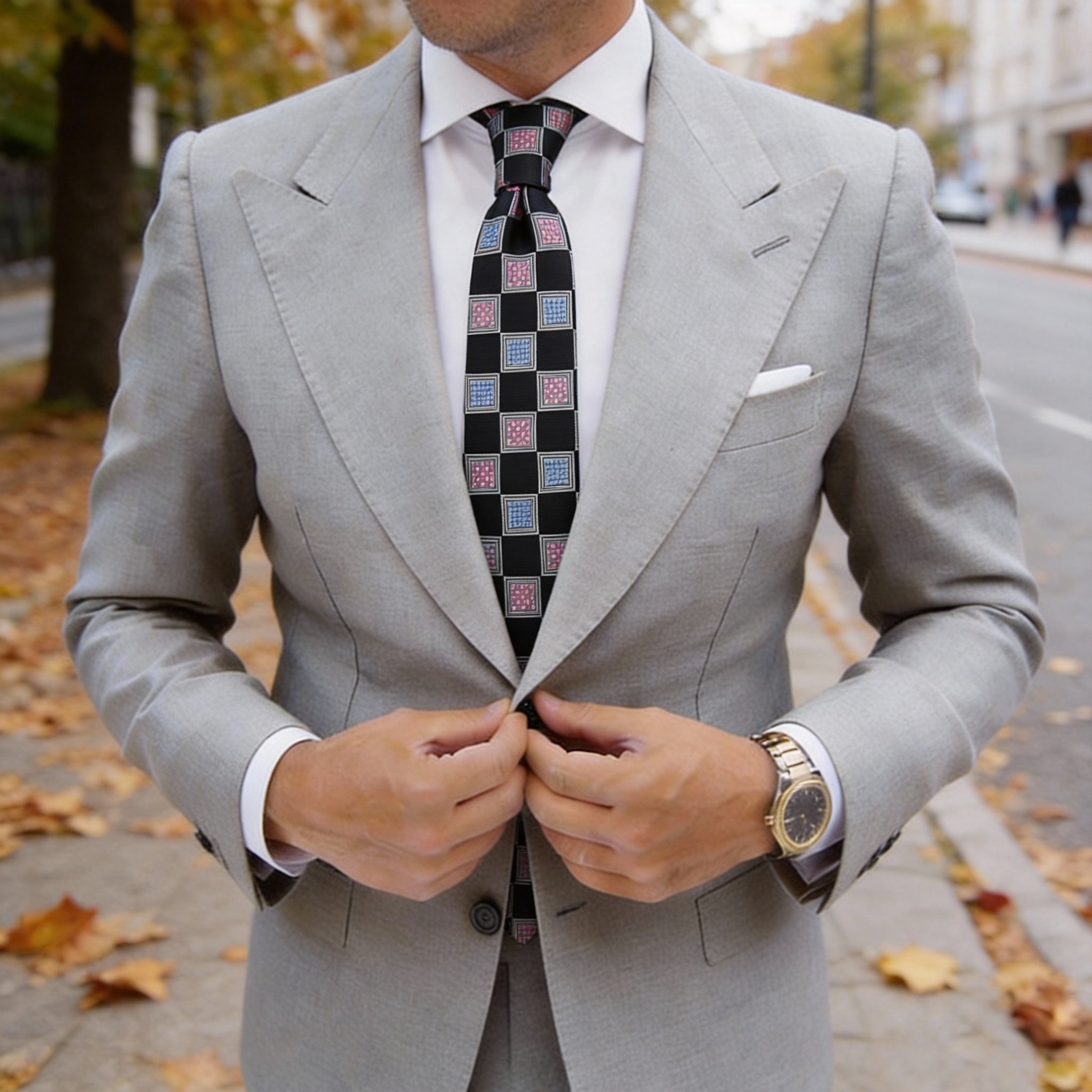 Black With Blue Pink Square Necktie
