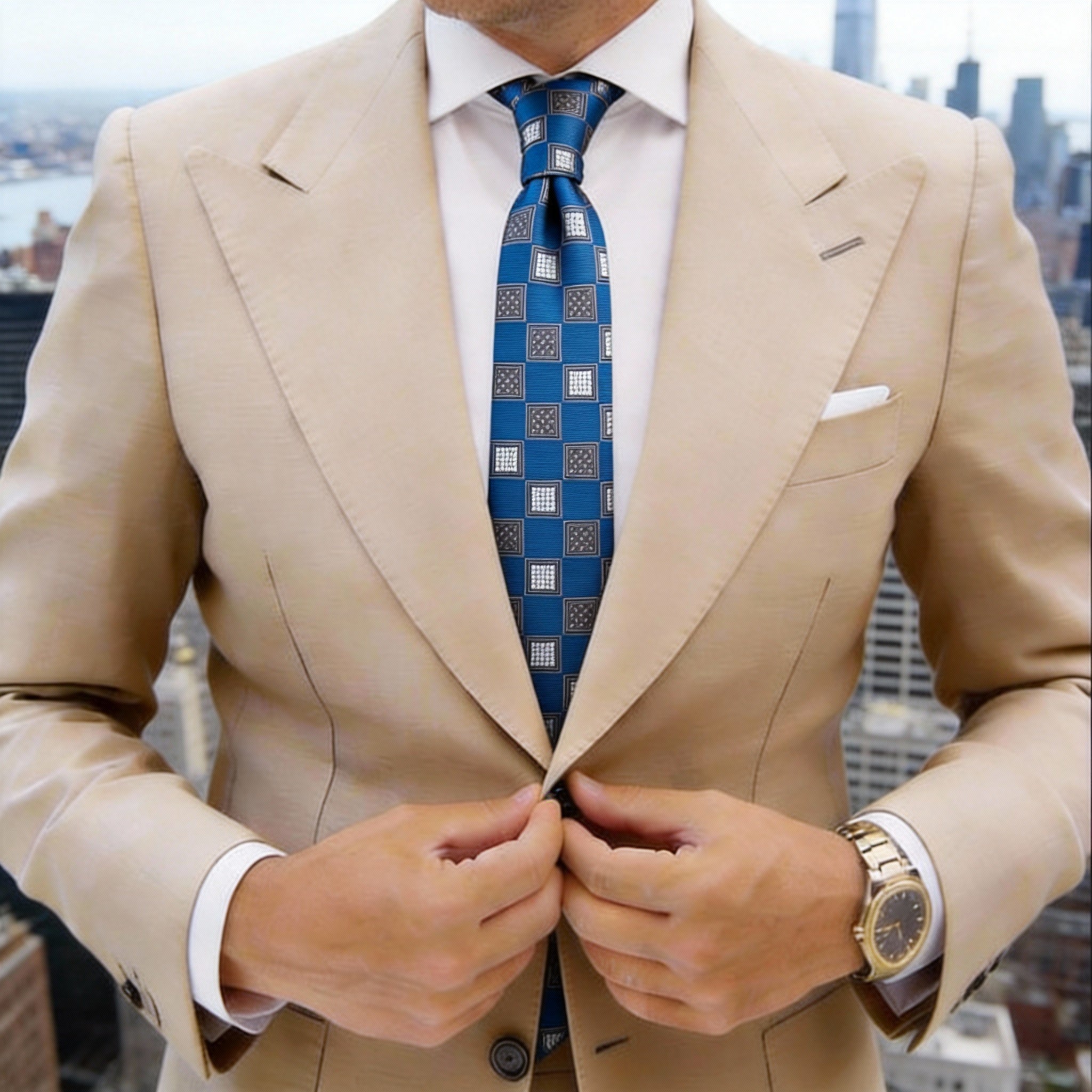Blue With White Gray Square Necktie