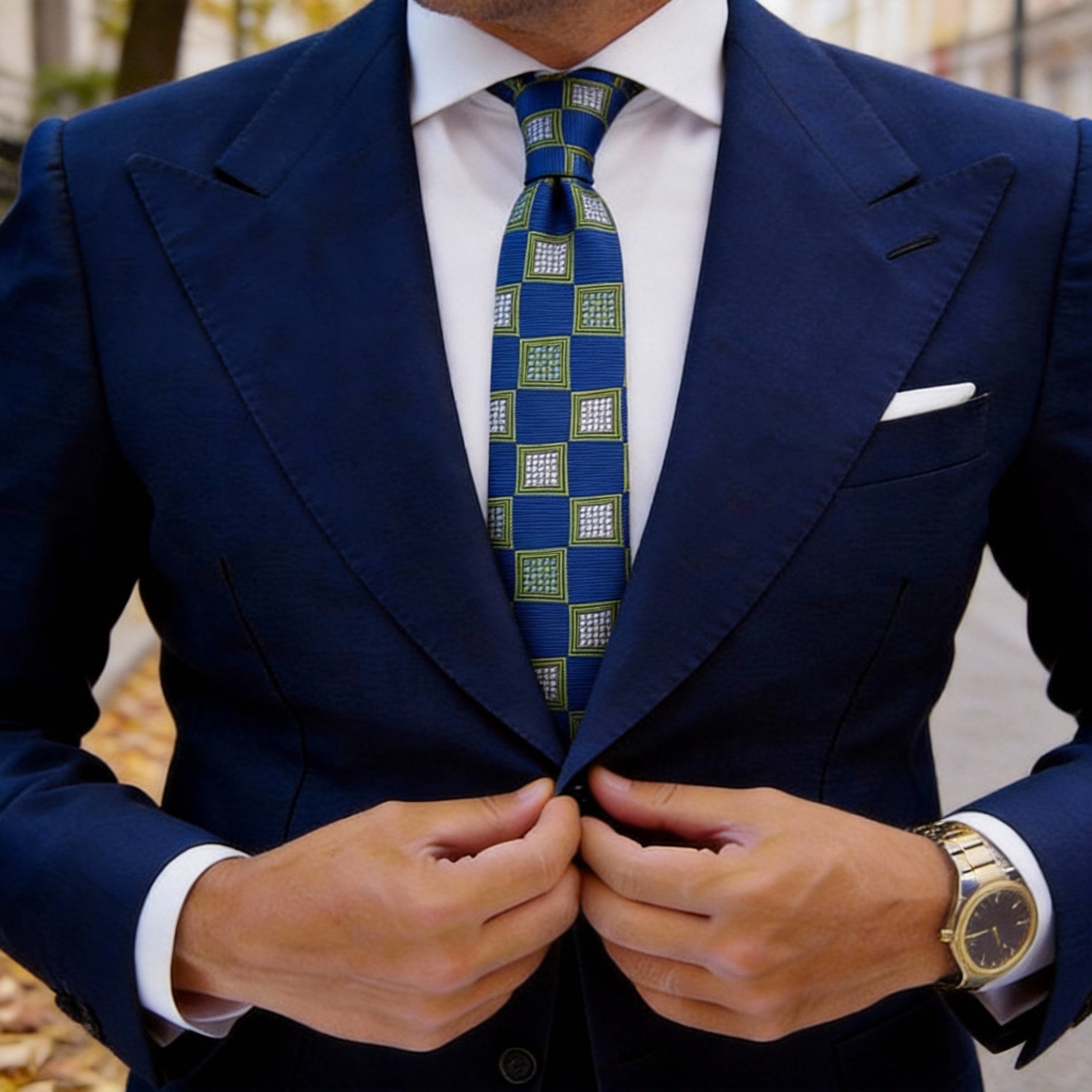 Blue With Green White Square Necktie