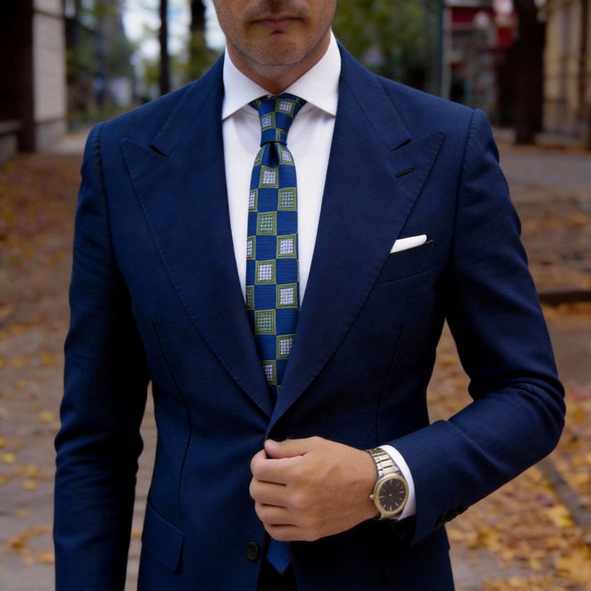 Blue With Green White Square Necktie