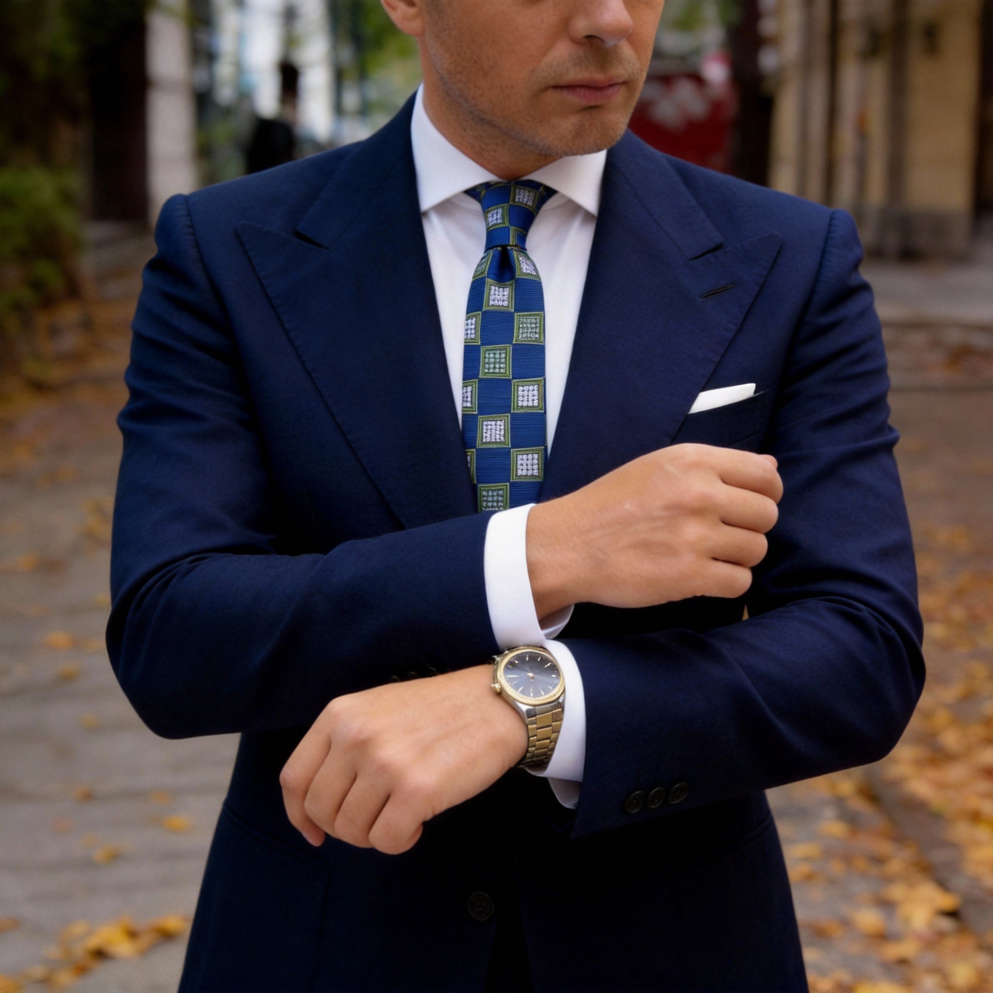 Blue With Green White Square Necktie