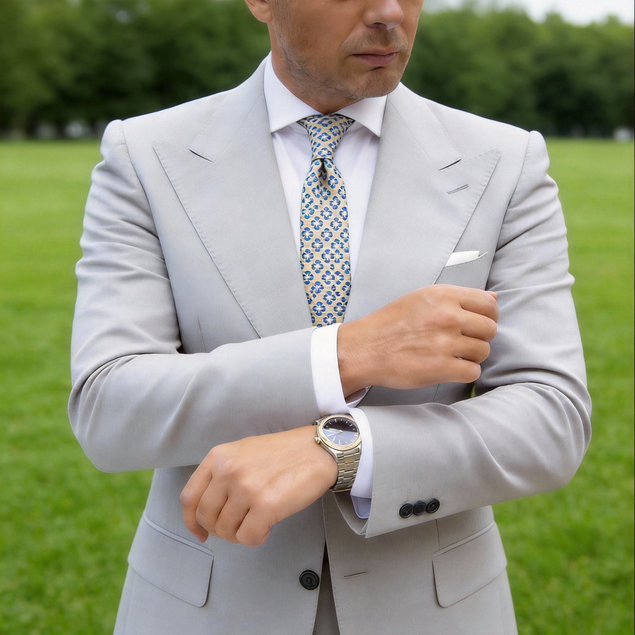 Beige With Blue Floral Necktie