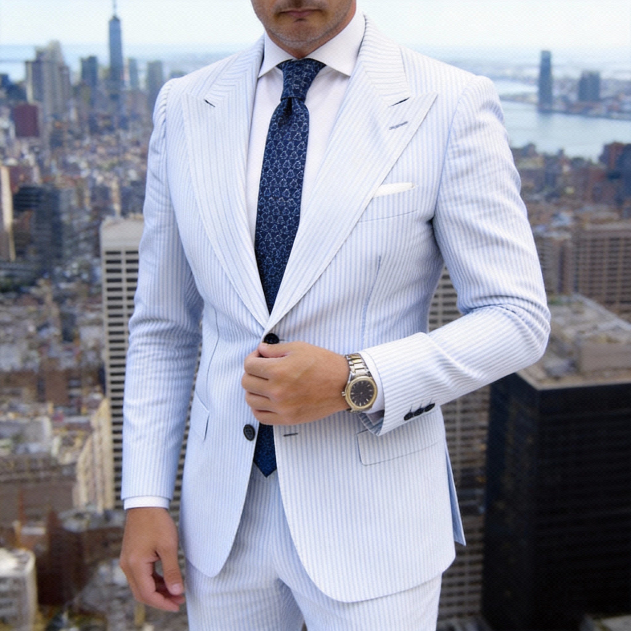 Dark Blue With Light Blue Chain - Link Necktie