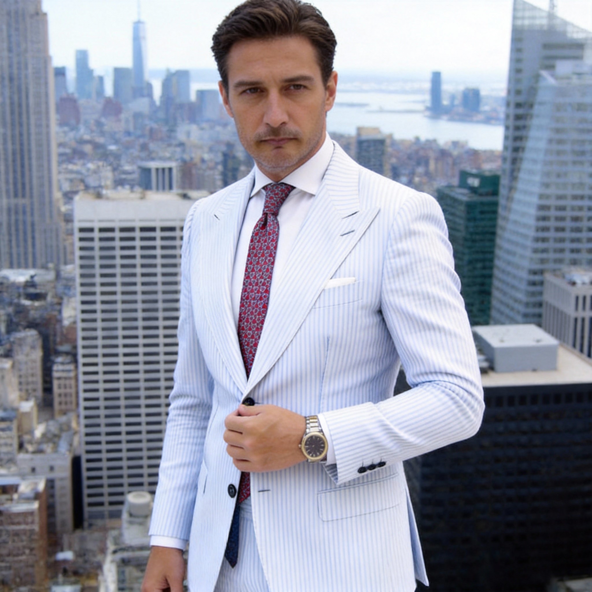 Red Necktie With Blue-White Interlocking Rings