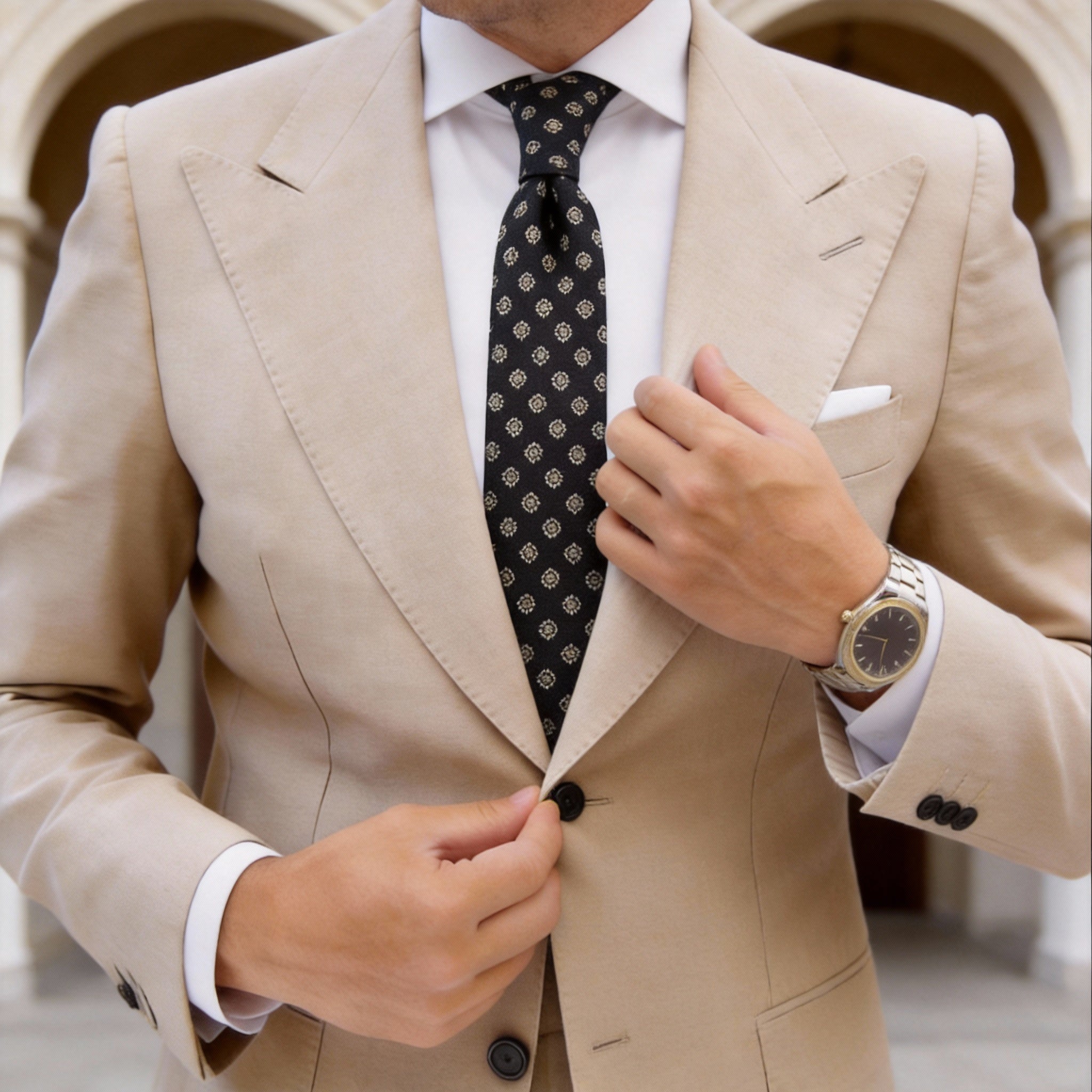 Black With Yellow And White Small Motifs Necktie