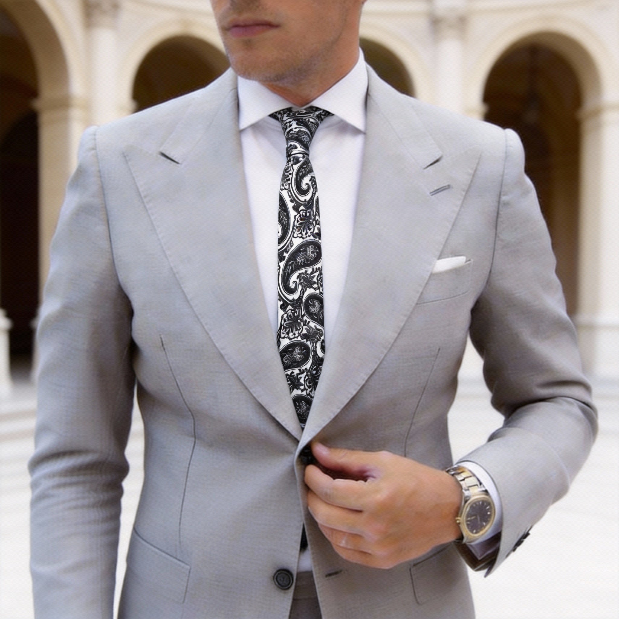 White with Black Paisley Necktie