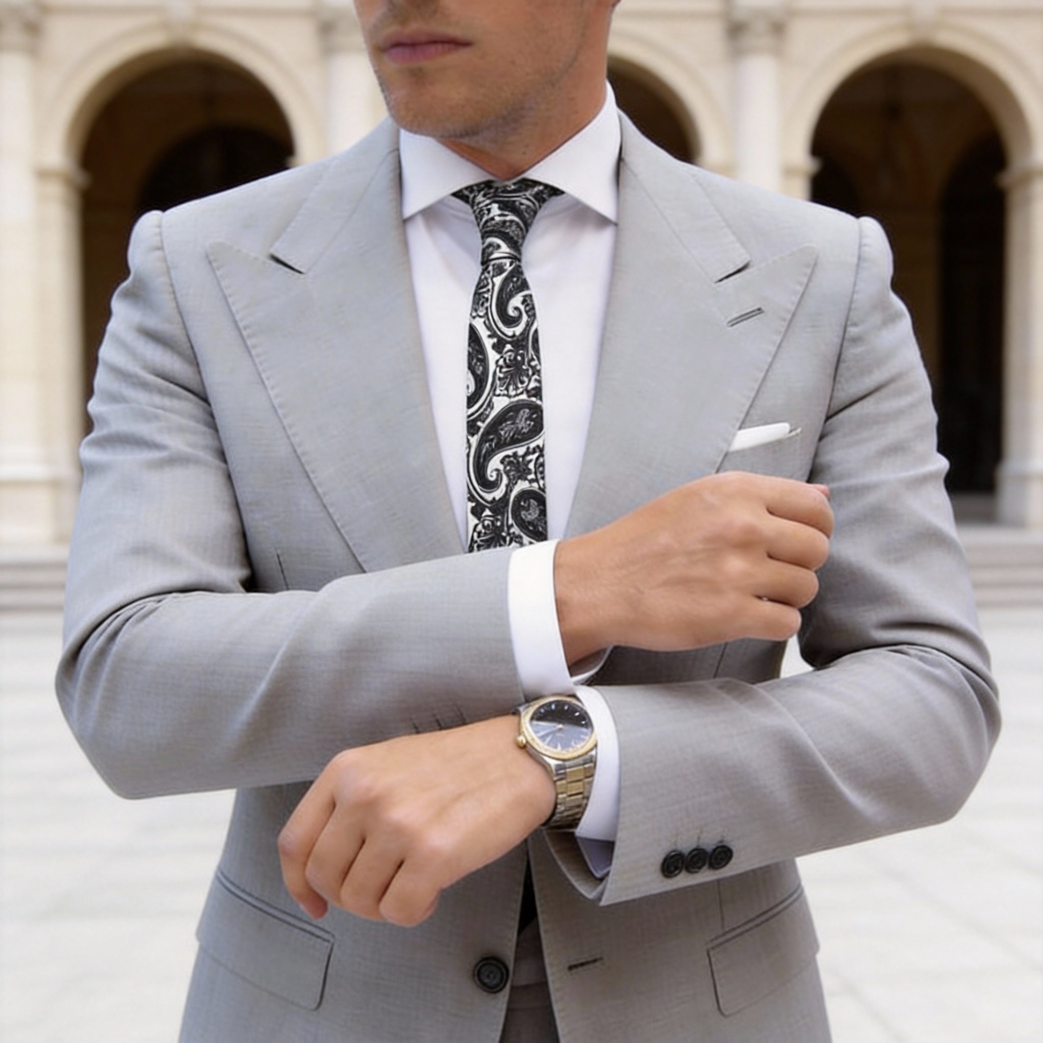 White with Black Paisley Necktie
