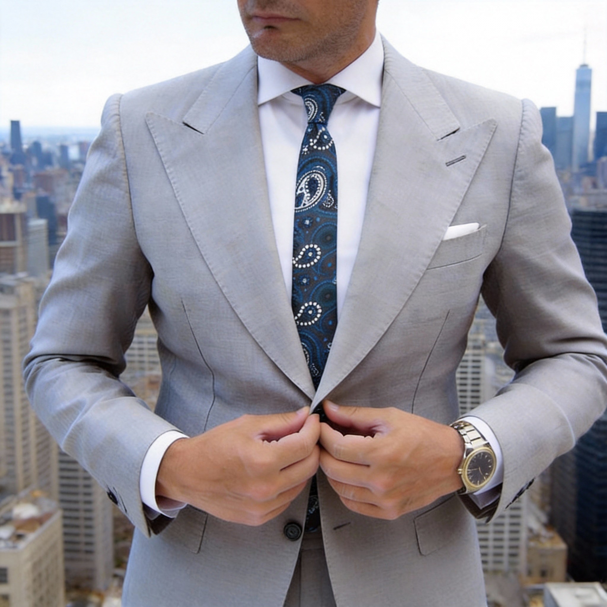 Dark Gray With Blue White Paisley Necktie