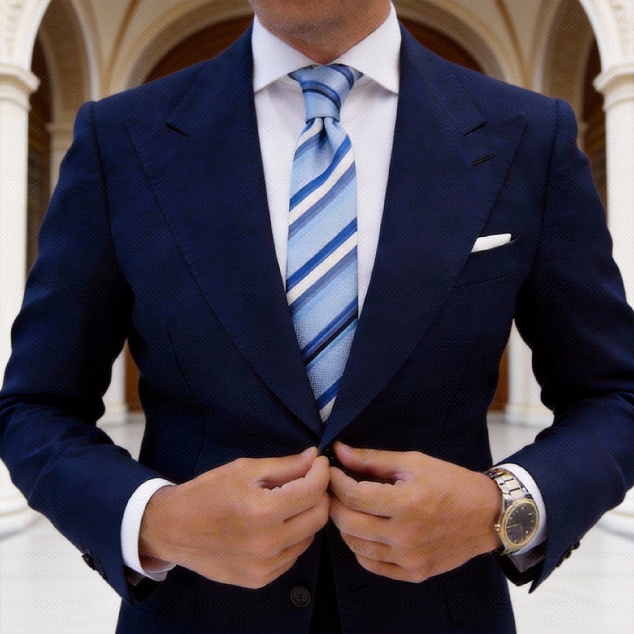 Light Blue Necktie With Blue - White Stripes