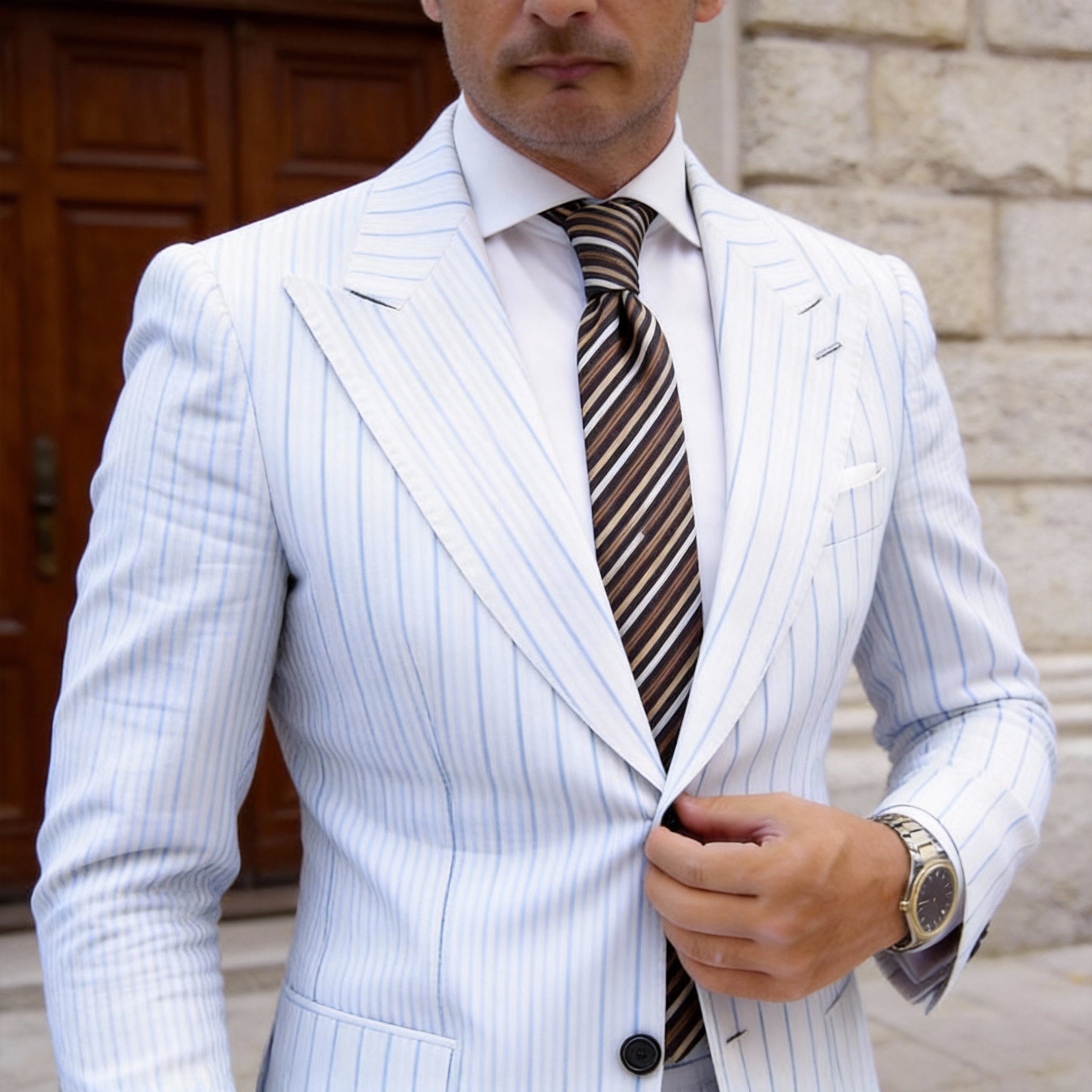 Black With White Beige Striped Necktie