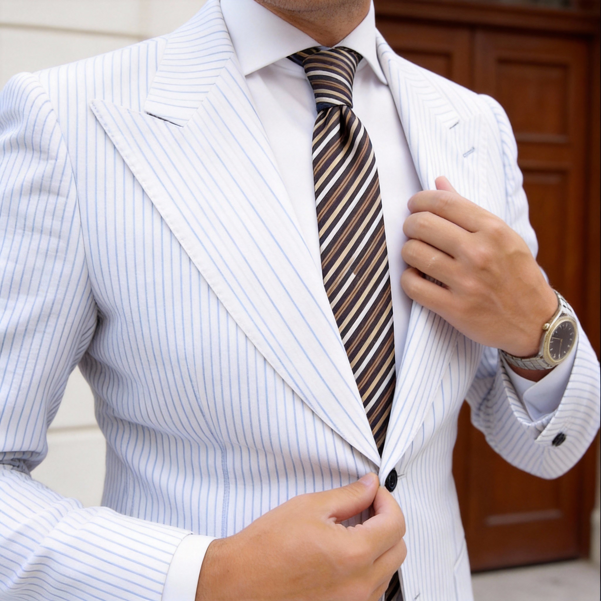 Black With White Beige Striped Necktie