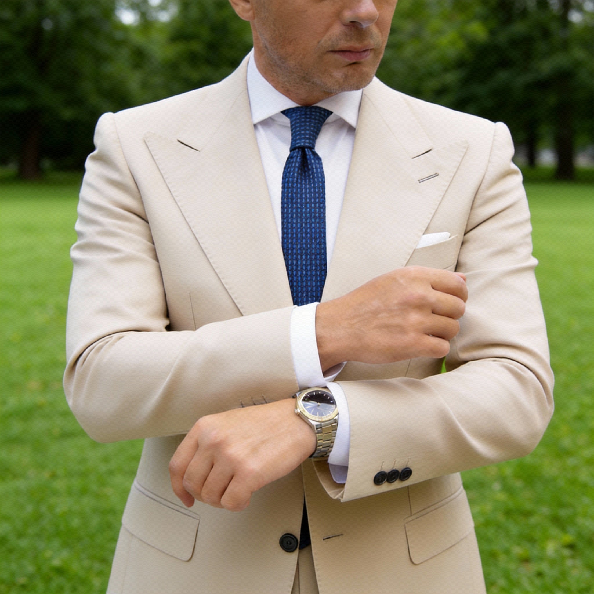 Dark Blue Necktie With Gold Dot Pattern