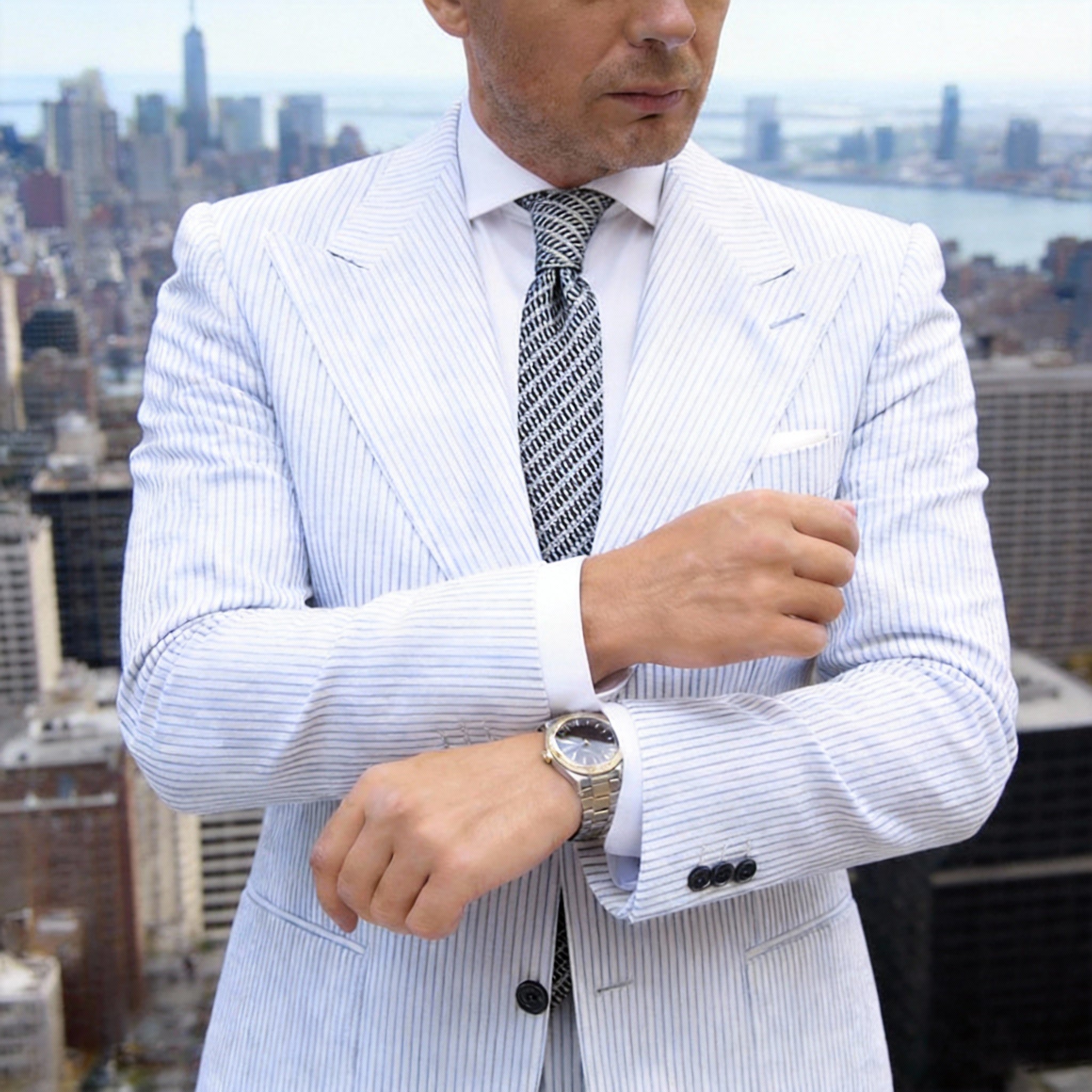 White With Black Geometric Stripe Necktie