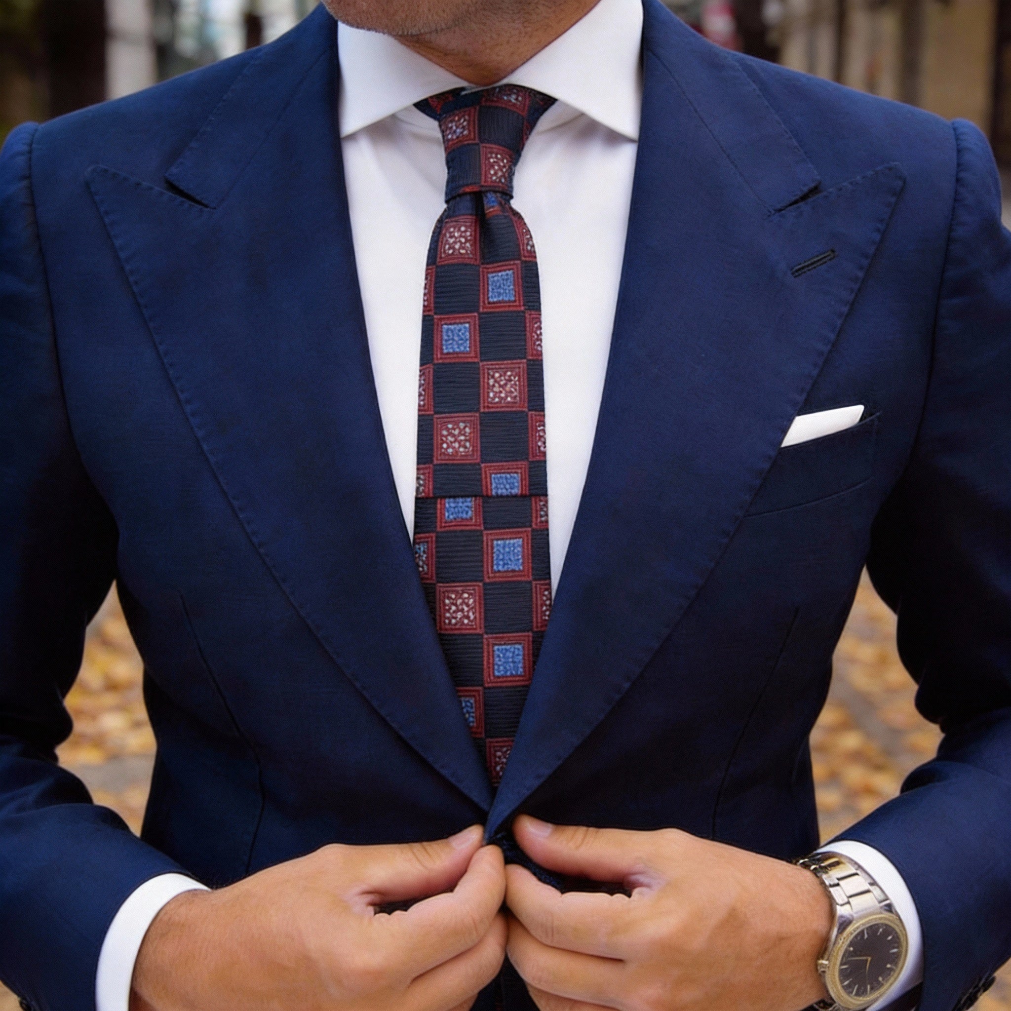 Navy Blue Necktie With Red Blue Checkered
