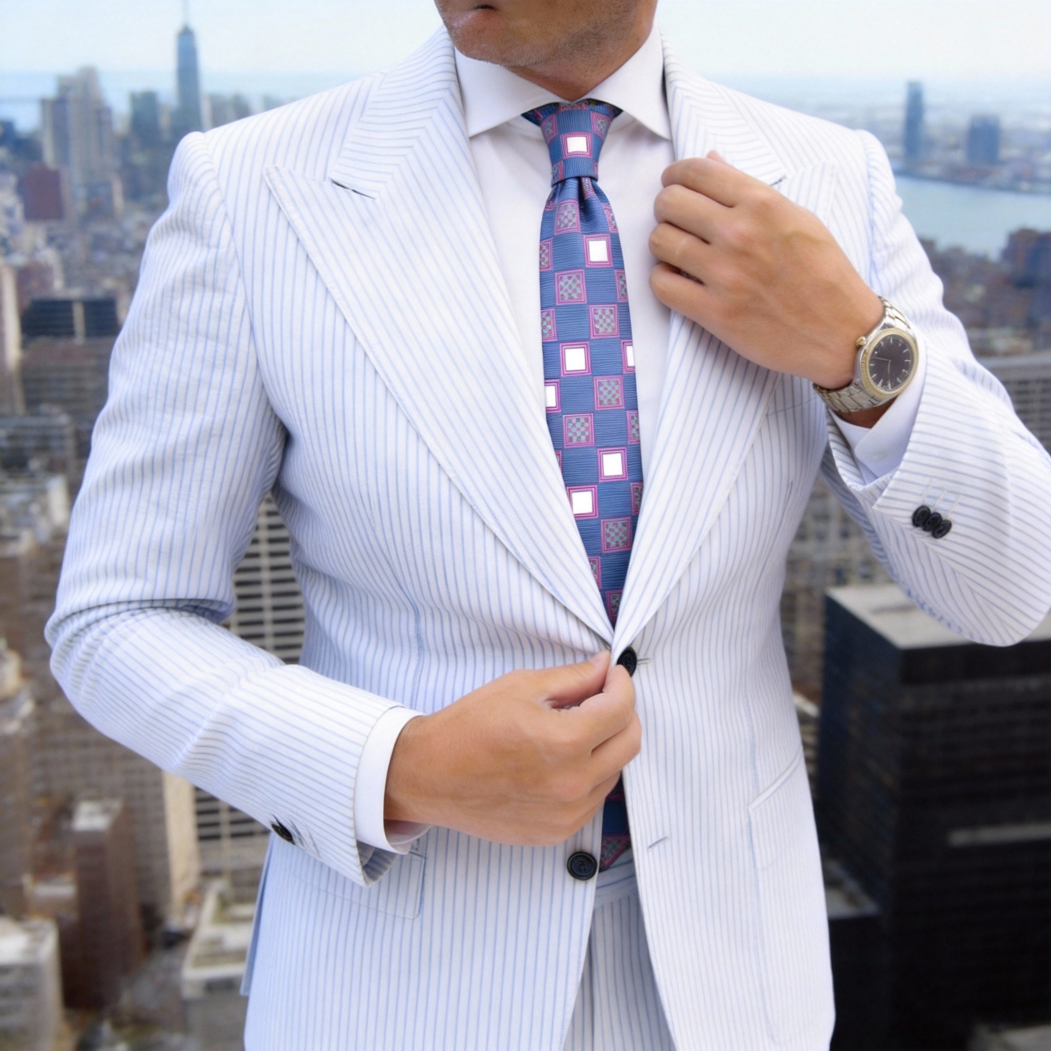 Blue With Pink Square Necktie