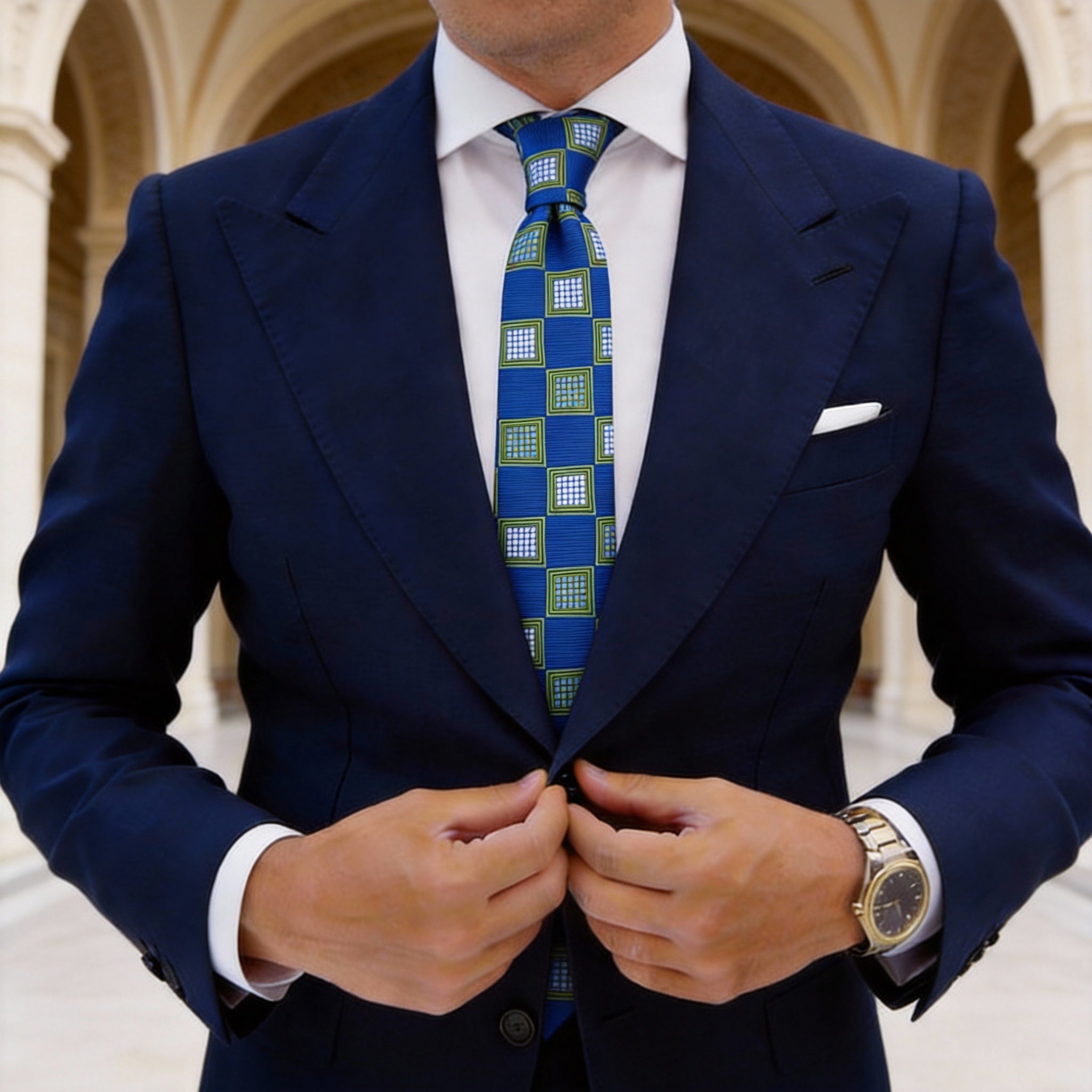 Blue With Green Geometric Checkered Necktie