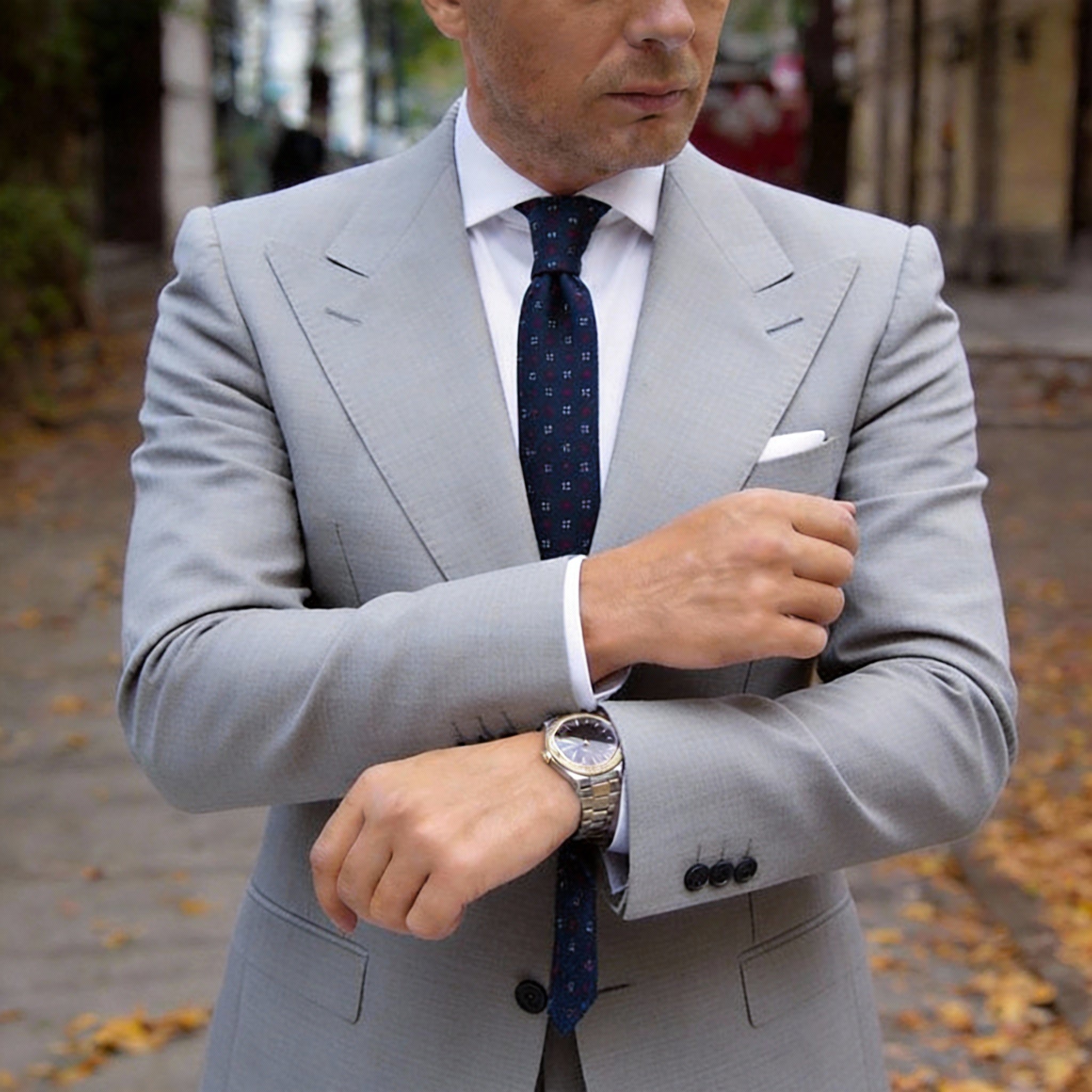 Navy Blue With White Red Micro Geometric Necktie