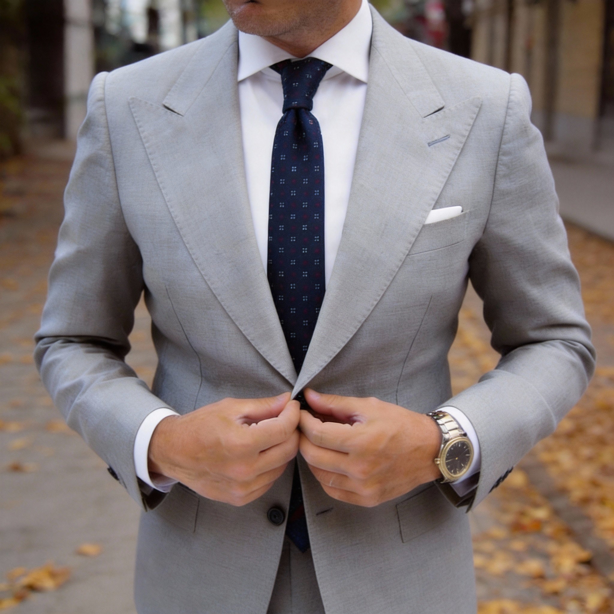 Navy Blue With White Red Micro Geometric Necktie