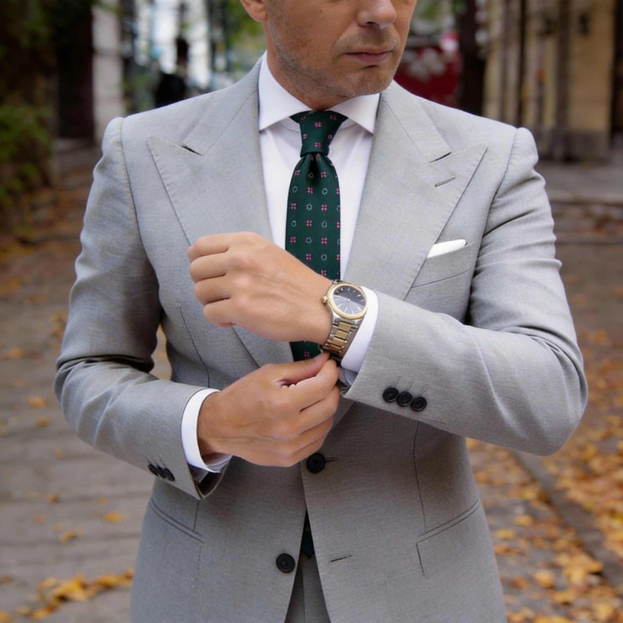 Green with Pink Crosses & White Circles Necktie