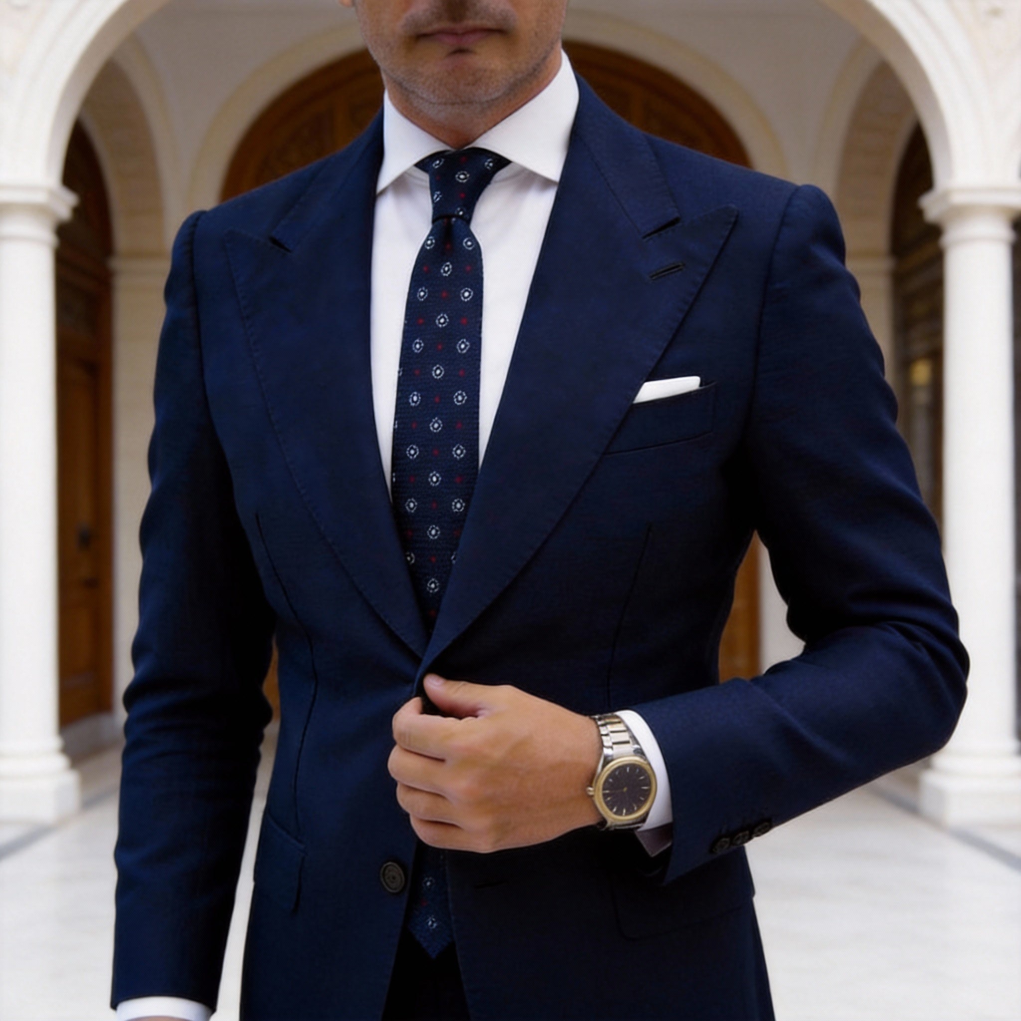 Navy Blue Necktie with Red Squares & Circles