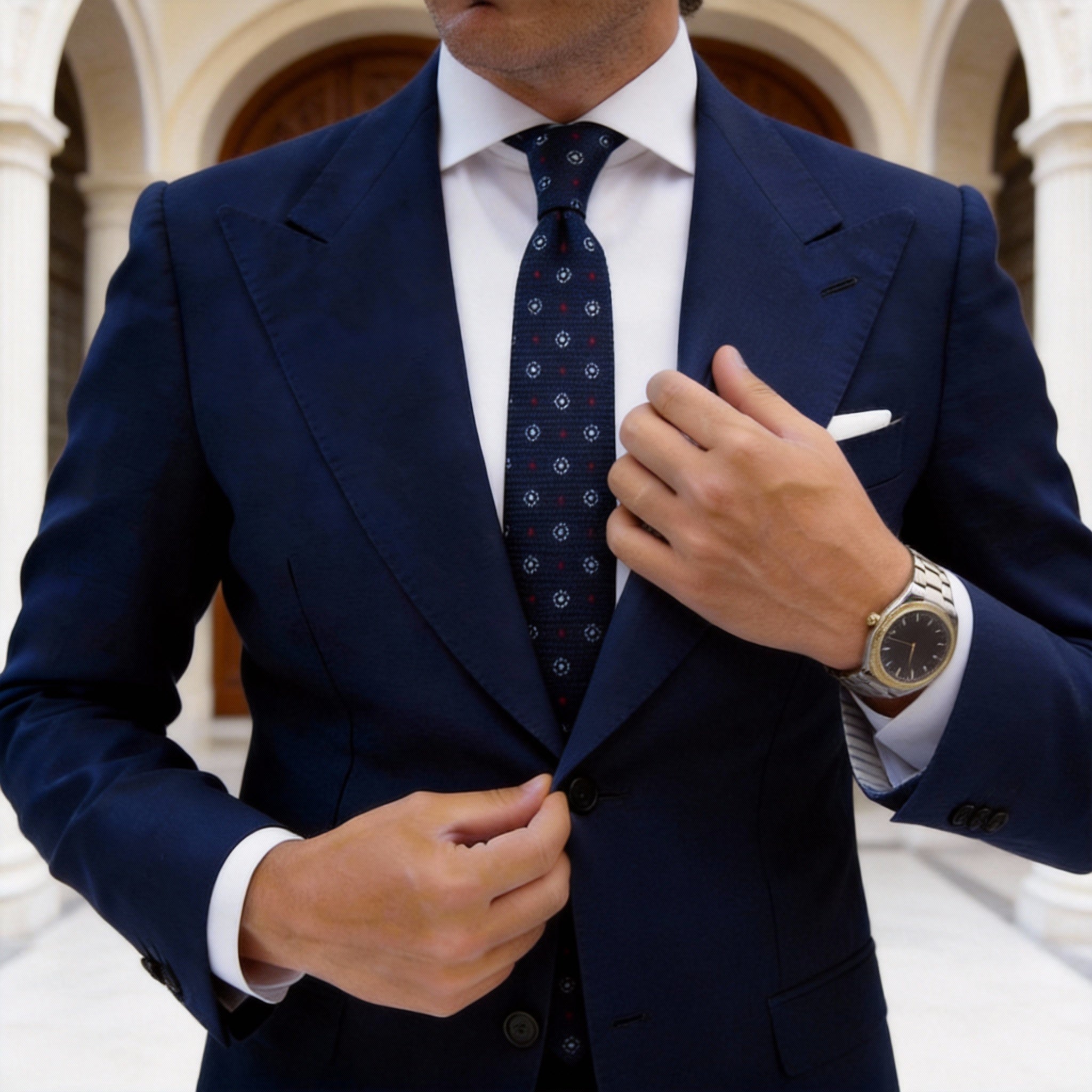 Navy Blue Necktie with Red Squares & Circles