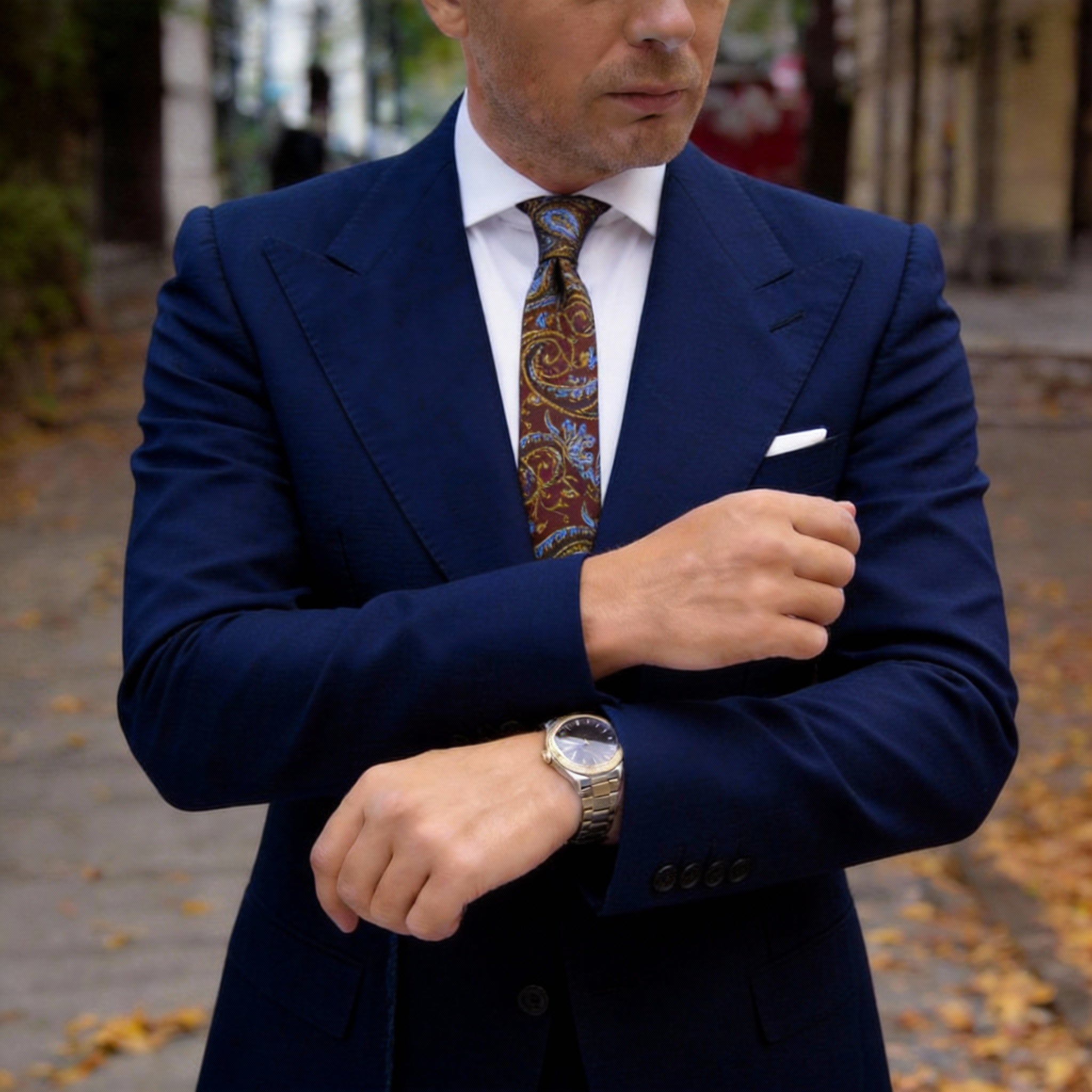 Brown With Blue And Golden Paisley Necktie