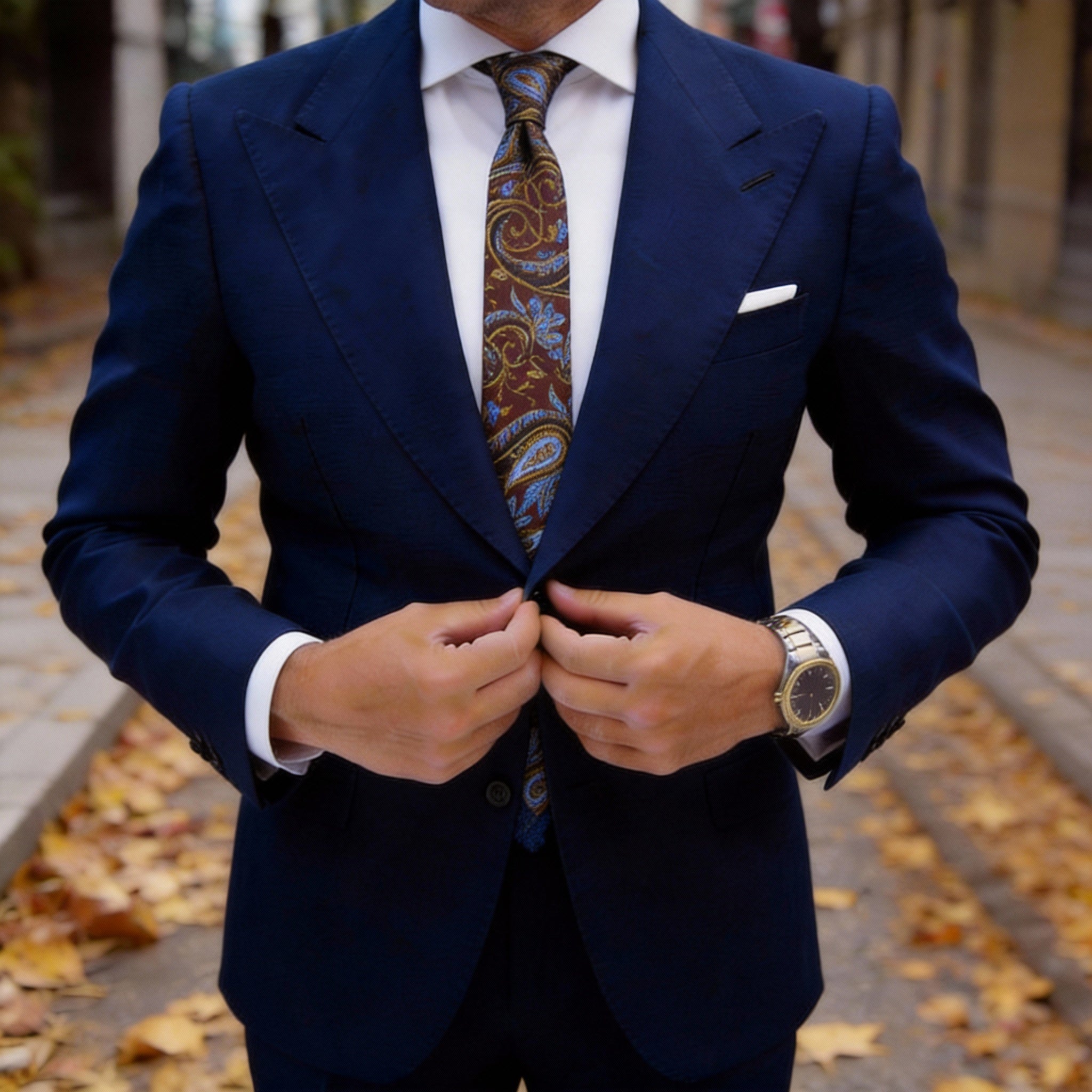 Brown With Blue And Golden Paisley Necktie