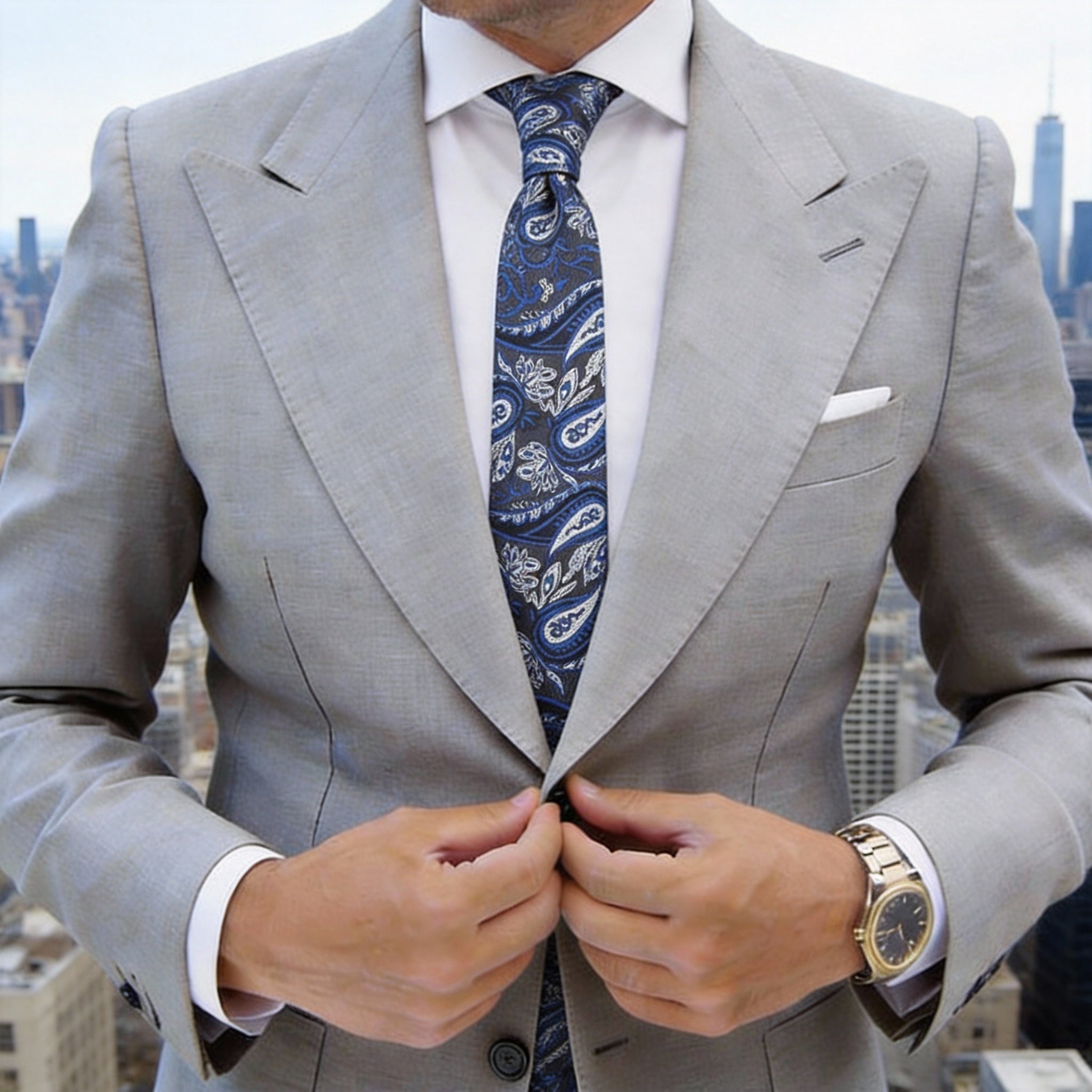 Dark Gray With Blue White Paisley Necktie