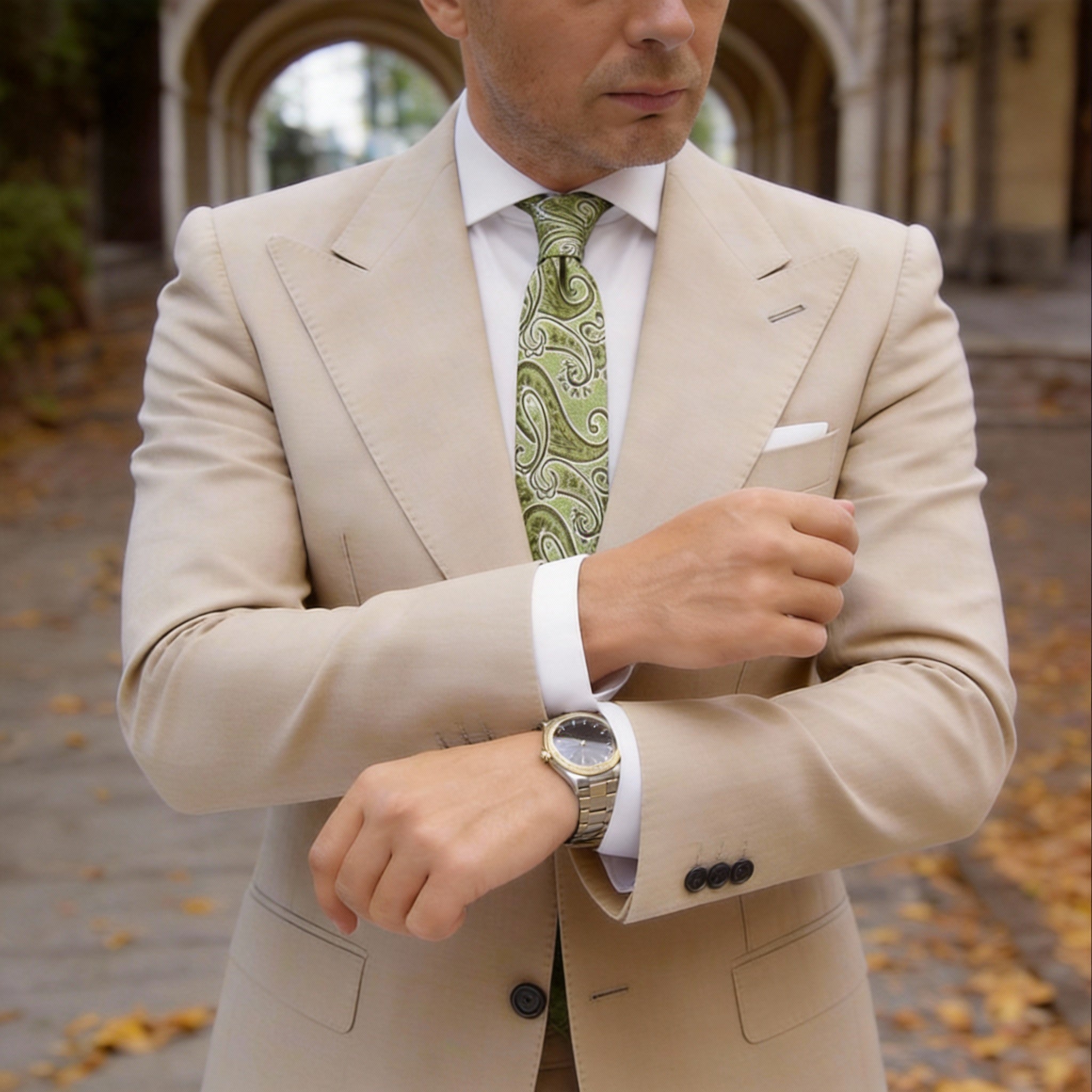 Light Green Necktie With Dark Green Paisley