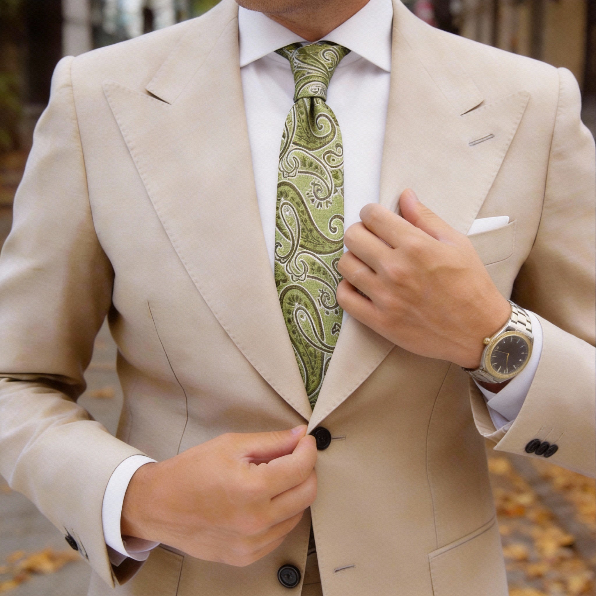 Light Green Necktie With Dark Green Paisley