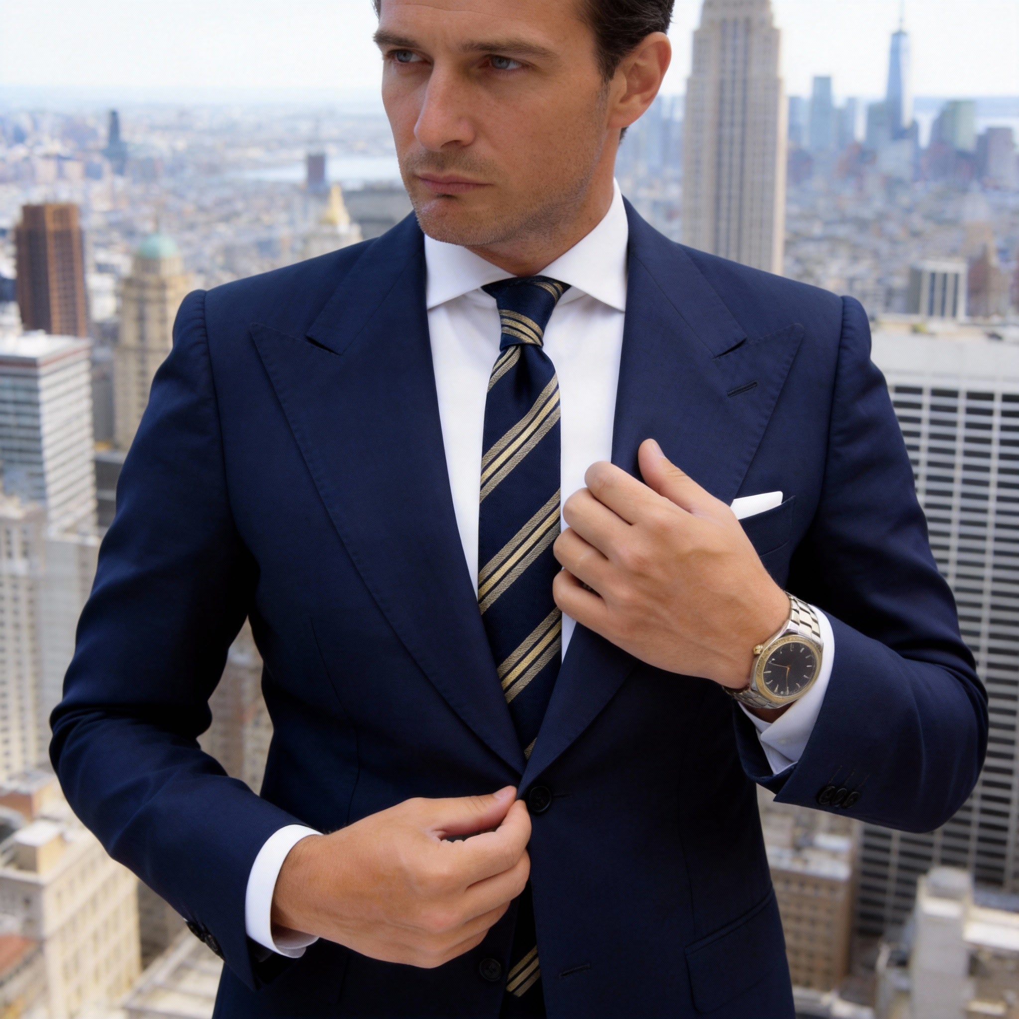 Navy Blue With Gold Striped Necktie