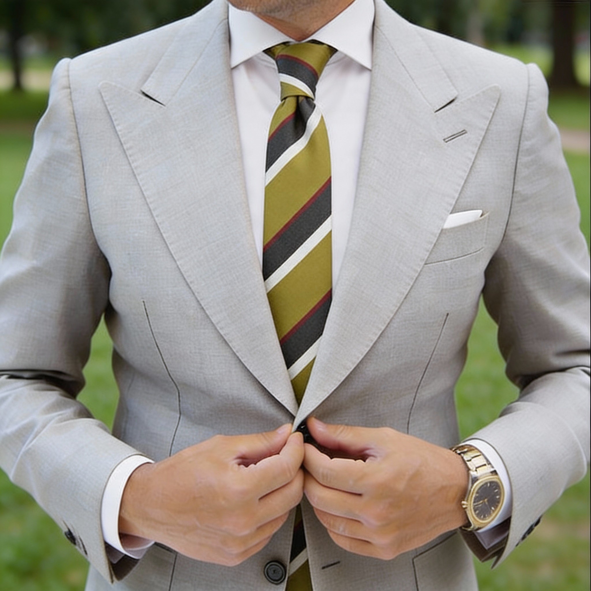 Olive With Gray&White Striped Necktie