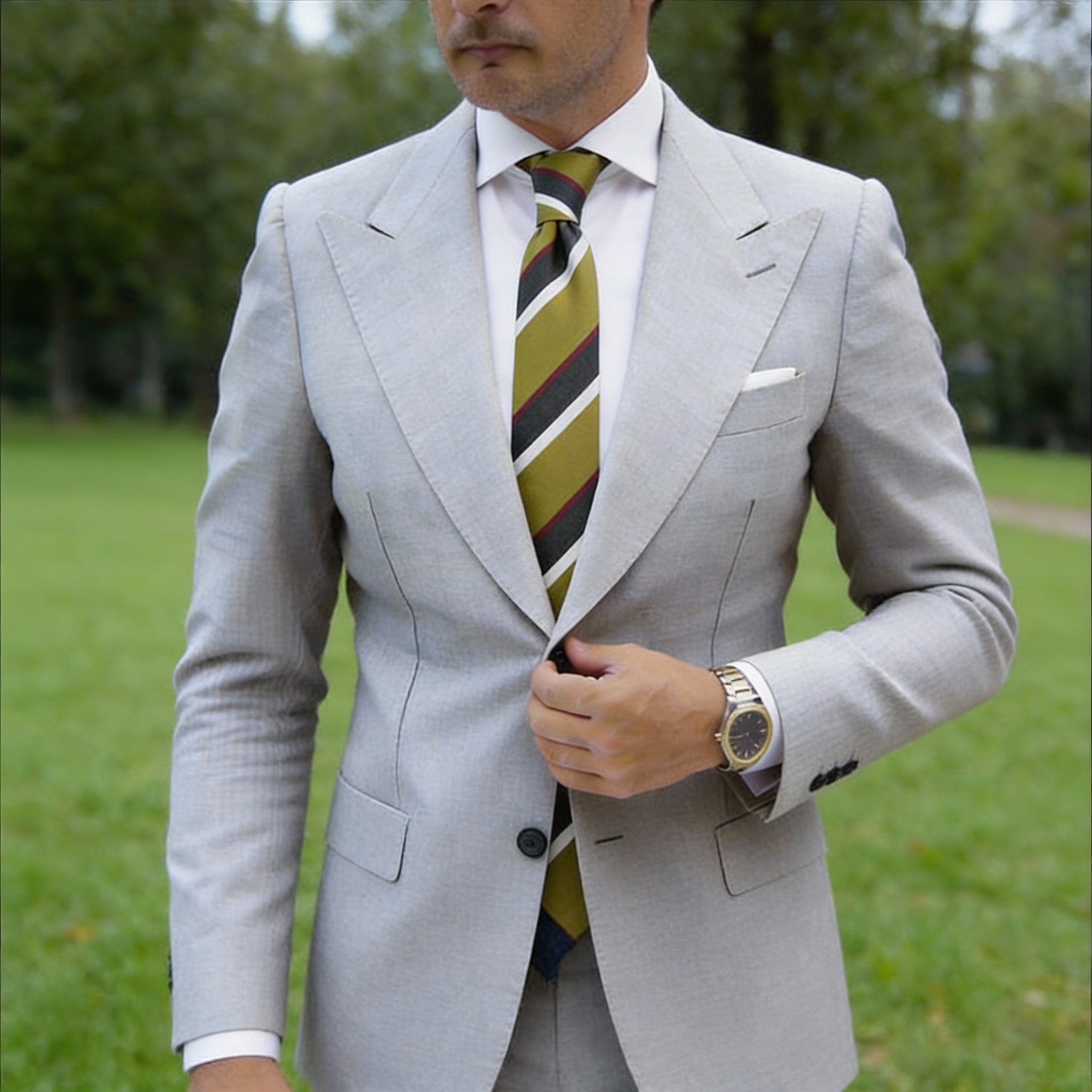 Olive With Gray&White Striped Necktie