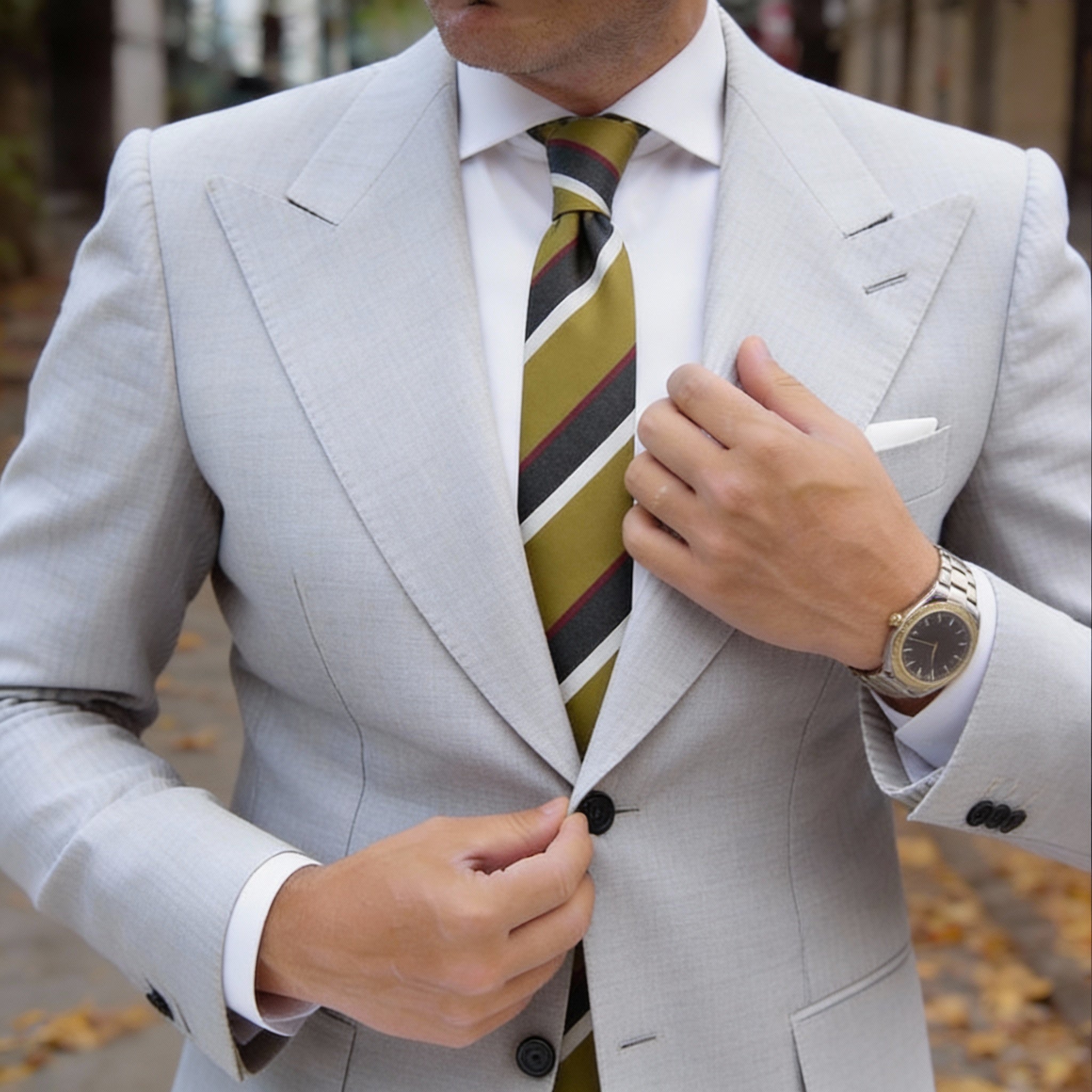 Olive With Gray&White Striped Necktie